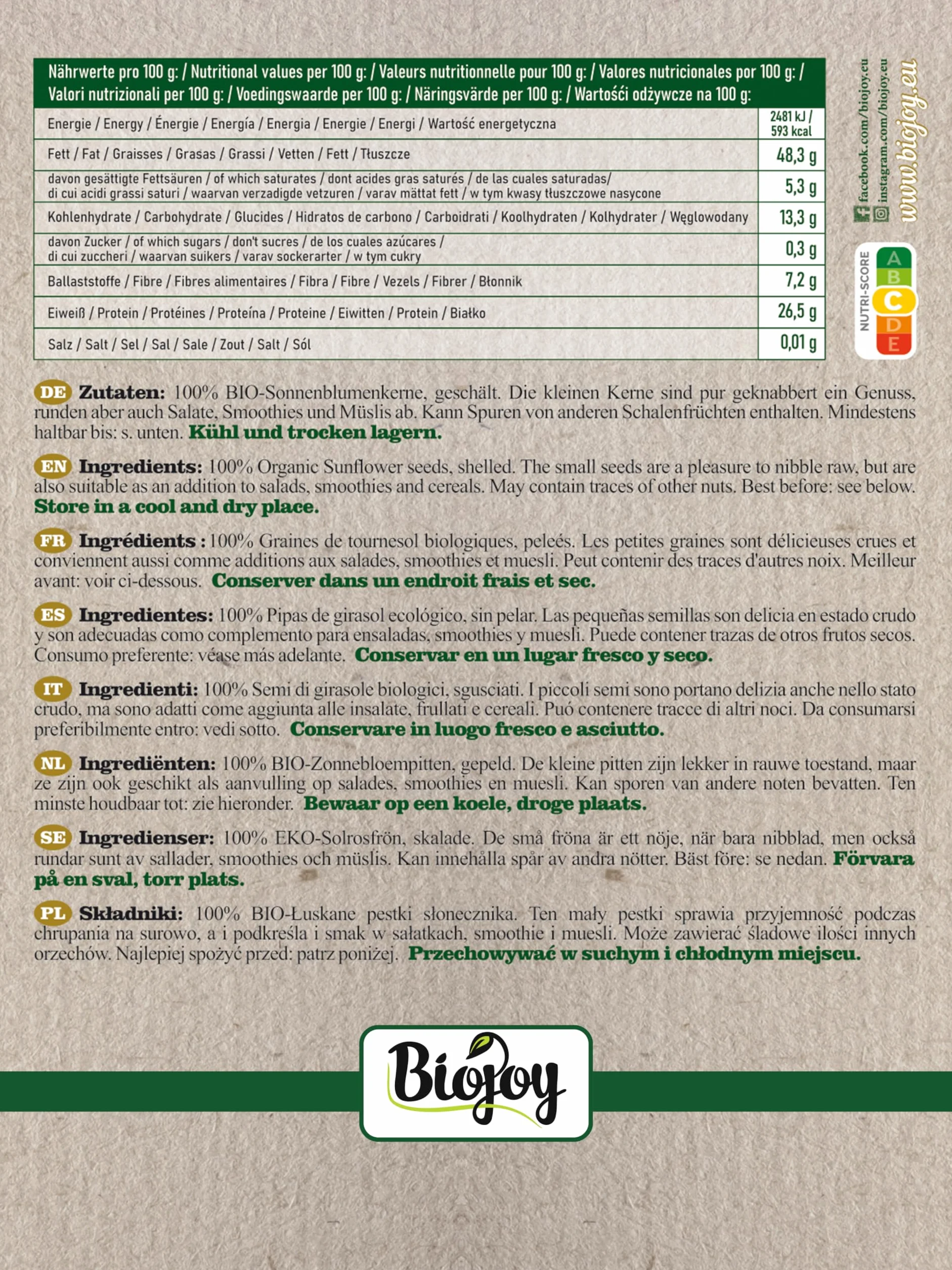 Biojoy BIO-Luskane nasiona Słonecznika, surowe i niesolone (1,5 kg)