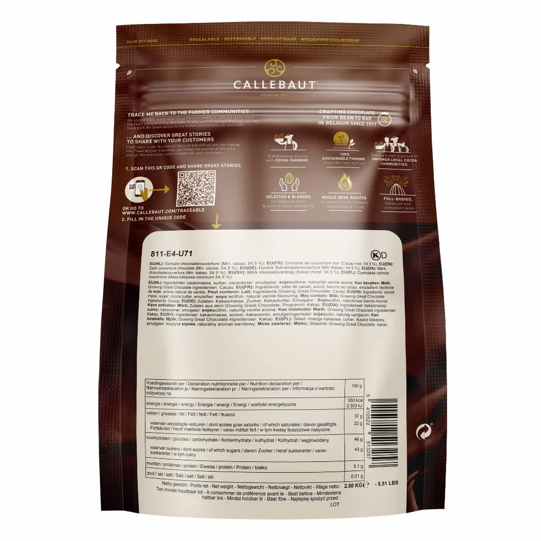 Callebaut receptura nr 811, kuwertura w pastylkach, delikatna czekolada gorzka, 54,5% kakao