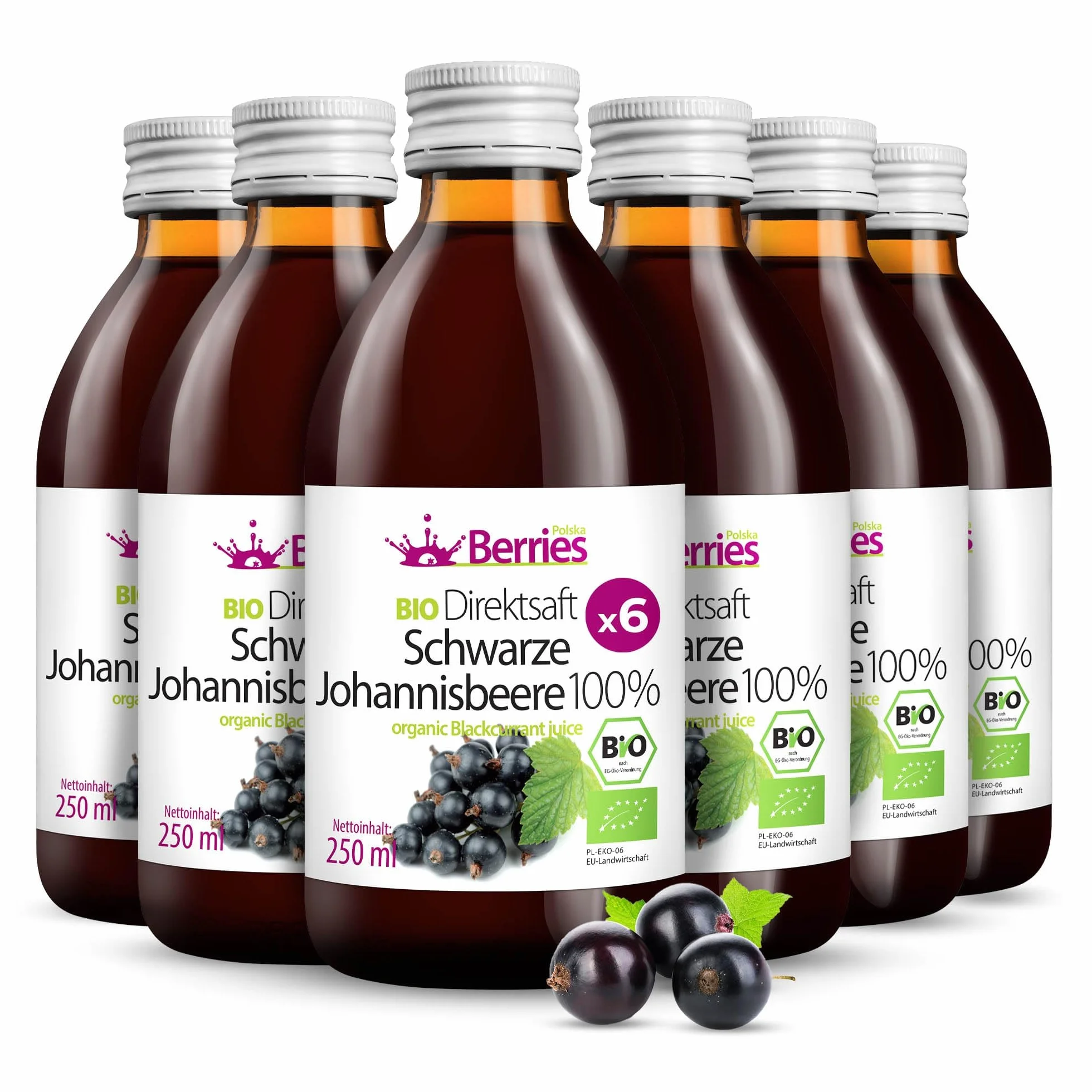 Berries Polska BIO 6x250ml Sok Bezpośrednio z Owoców Ekologicznych Tłoczony na Zimno - bez barwników, bez cukru, bez GMO, bez konserwantów - Wegański, Wegetariański, Organiczny - Czarna porzeczka