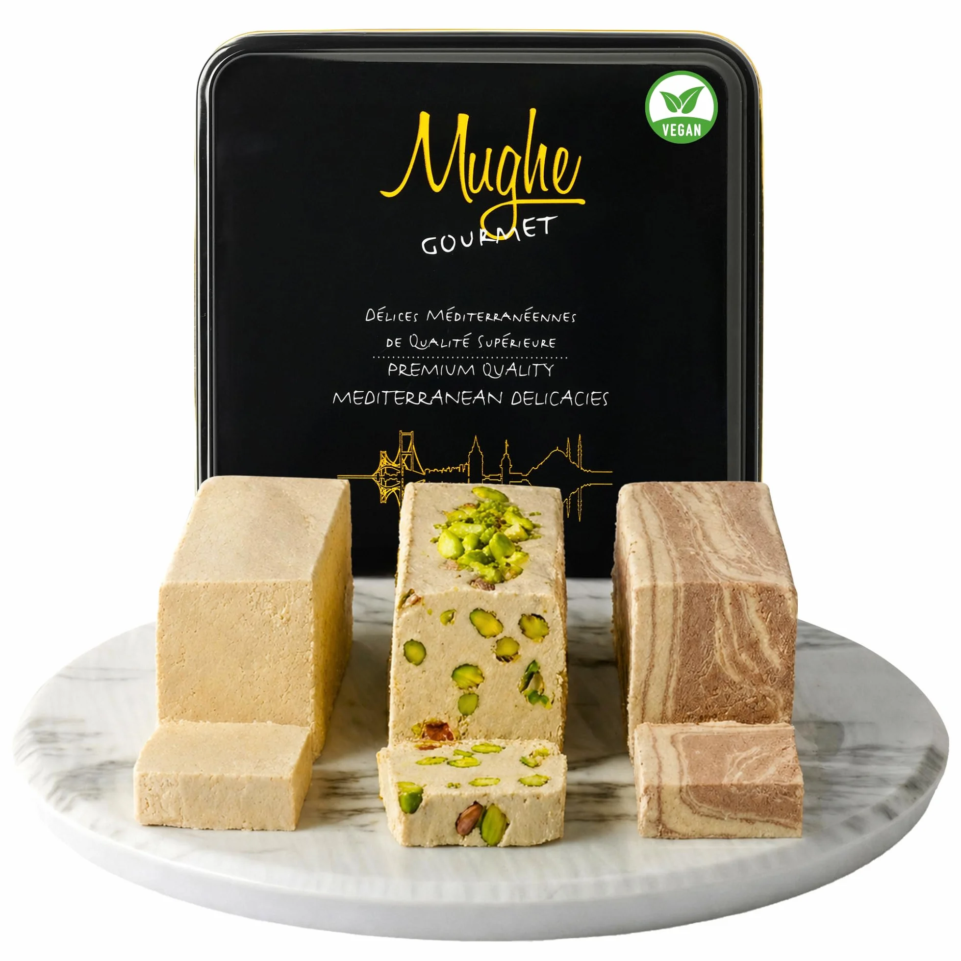 Mughe Gourmet Turecka Chałwa Mix 850g – Eleganckie blaszane pudełko upominkowe. 3 smaki: pistacjowa, marmurkowa czekolada, klasyczna. Kruchy deser Halawa, wegański, wegetariański kosz prezentowy