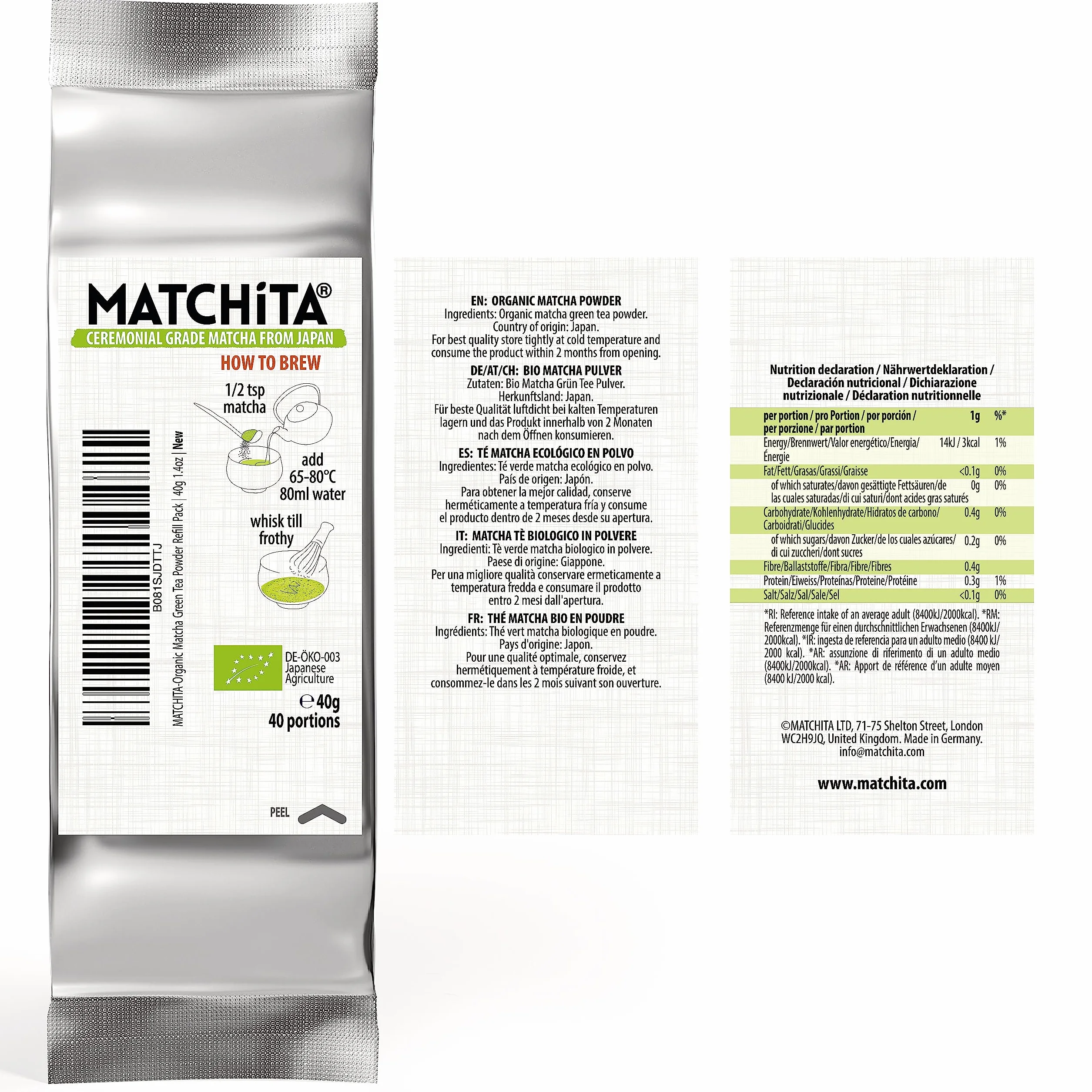 MATCHITA Organiczna Matcha Klasy Ceremonialnej Zielona Herbata w Proszku (40g) – Bogaty Kremowy Smak do Napojów i Latte