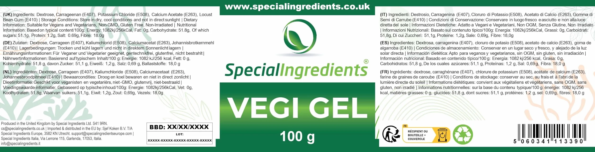 Special Ingredients Vegi Gel Premium Quality Powder 100 g - wegańska żelatyna, bez GMO, bezglutenowy – pojemnik nadający się do recyklingu