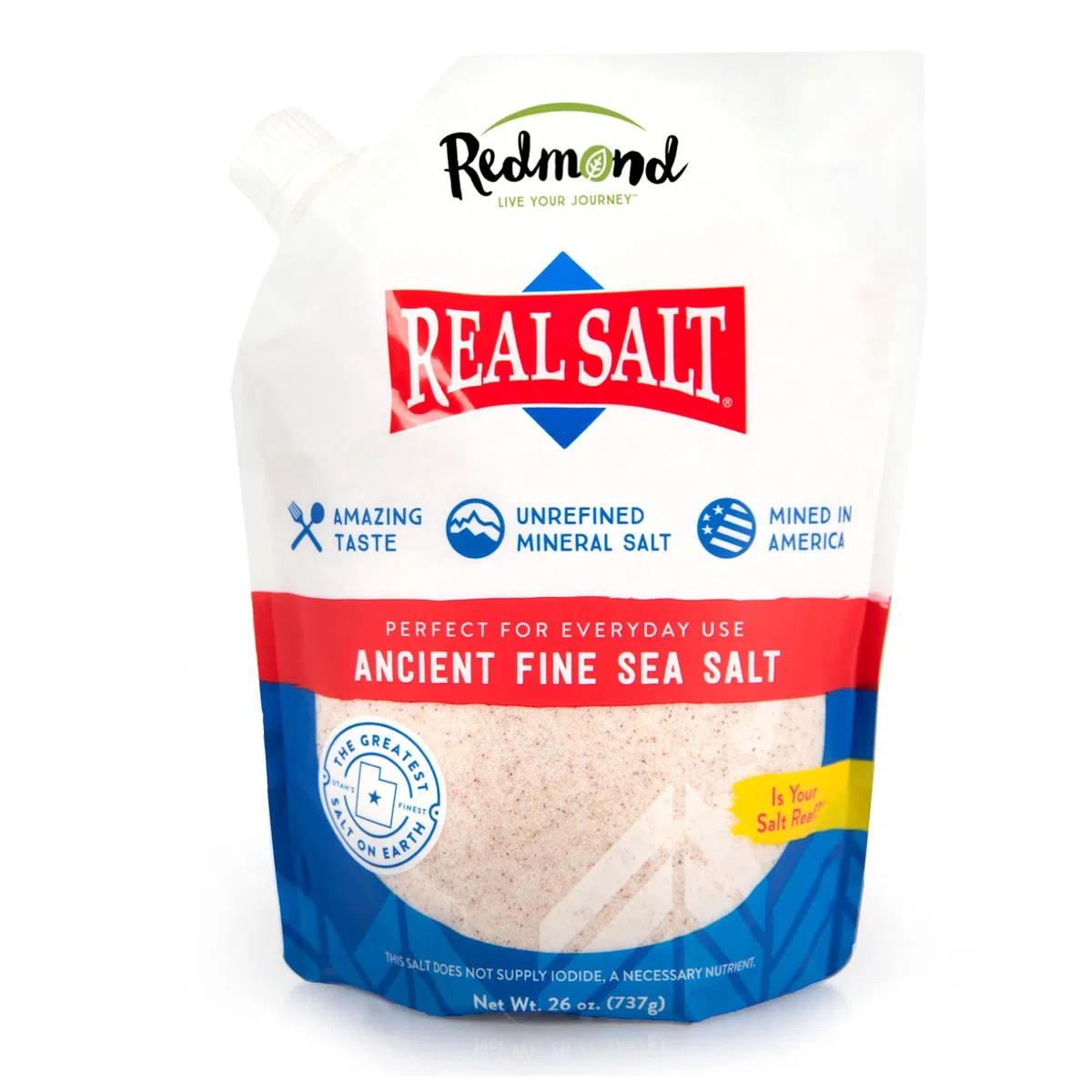 Redmond Real Salt Fine Salt, worek uzupełniający 737 g - czysta, naturalna, oryginalna sól morska z Utah, nieoczyszczona, średnioziarnista, bogata w minerały