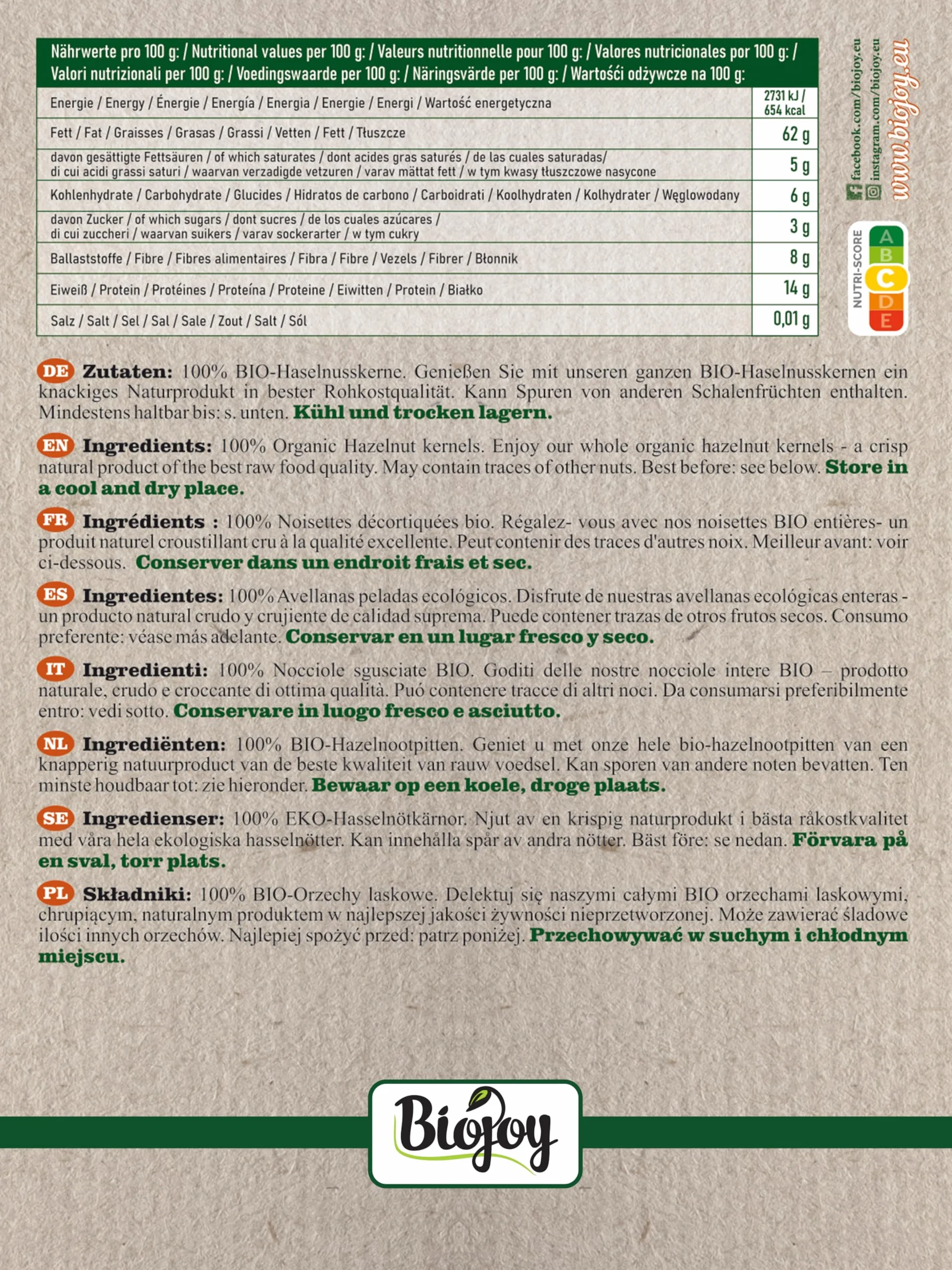 Biojoy BIO-Orzechy laskowe, surowe bez łupiny (250 g)
