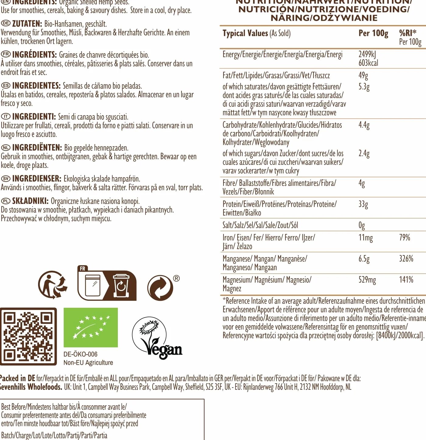 Sevenhills Wholefood Organiczne Surowe łuskane Nasiona Konopi 500g