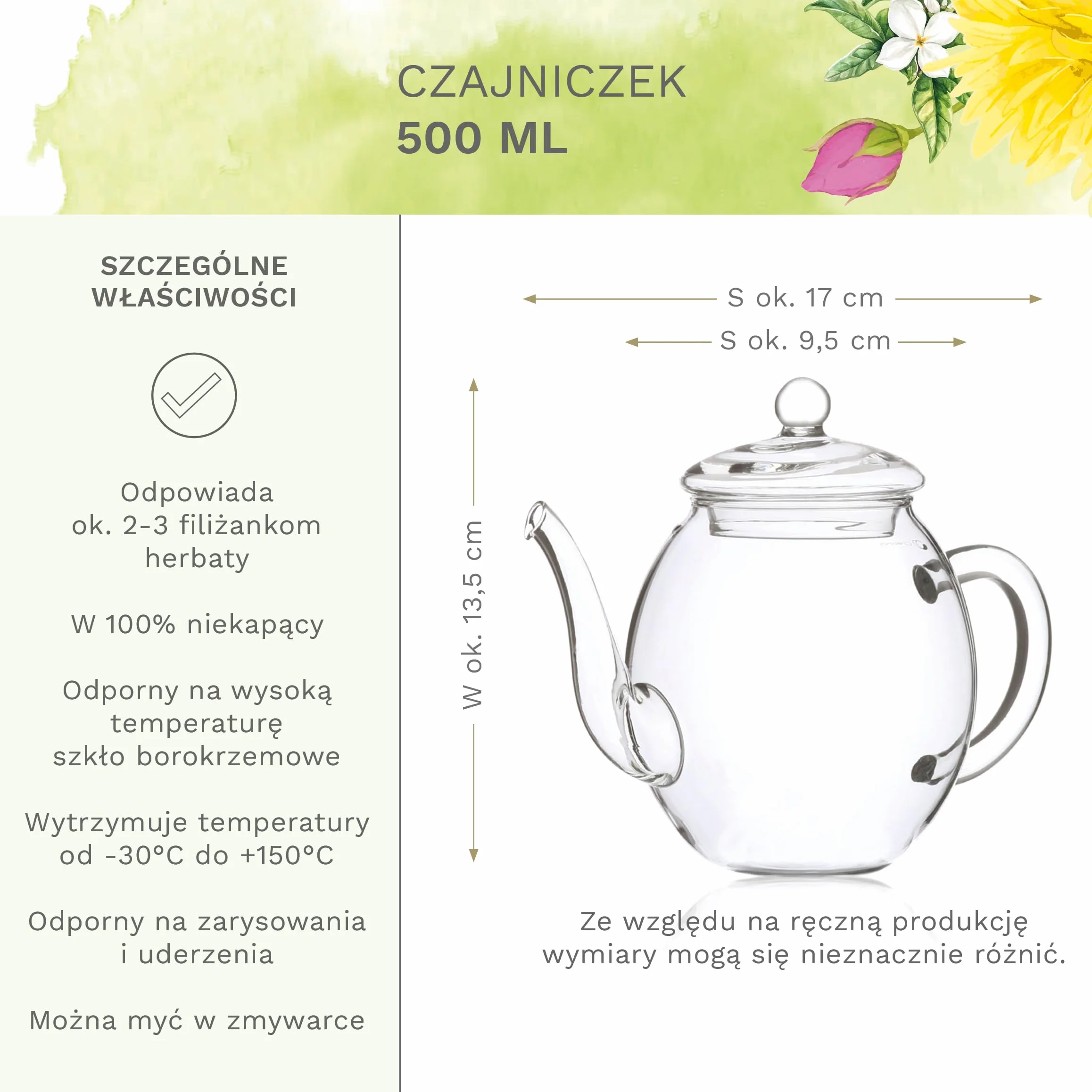 Zestaw prezentowy Creano z herbatą kwitnącą – wzór kwiatowy – herbata kwitnąca Spring Harvest z dzbankiem szklanym o pojemności 500 ml i 6 zielonymi herbatami – prezent na Walentynki, Dzień Matki