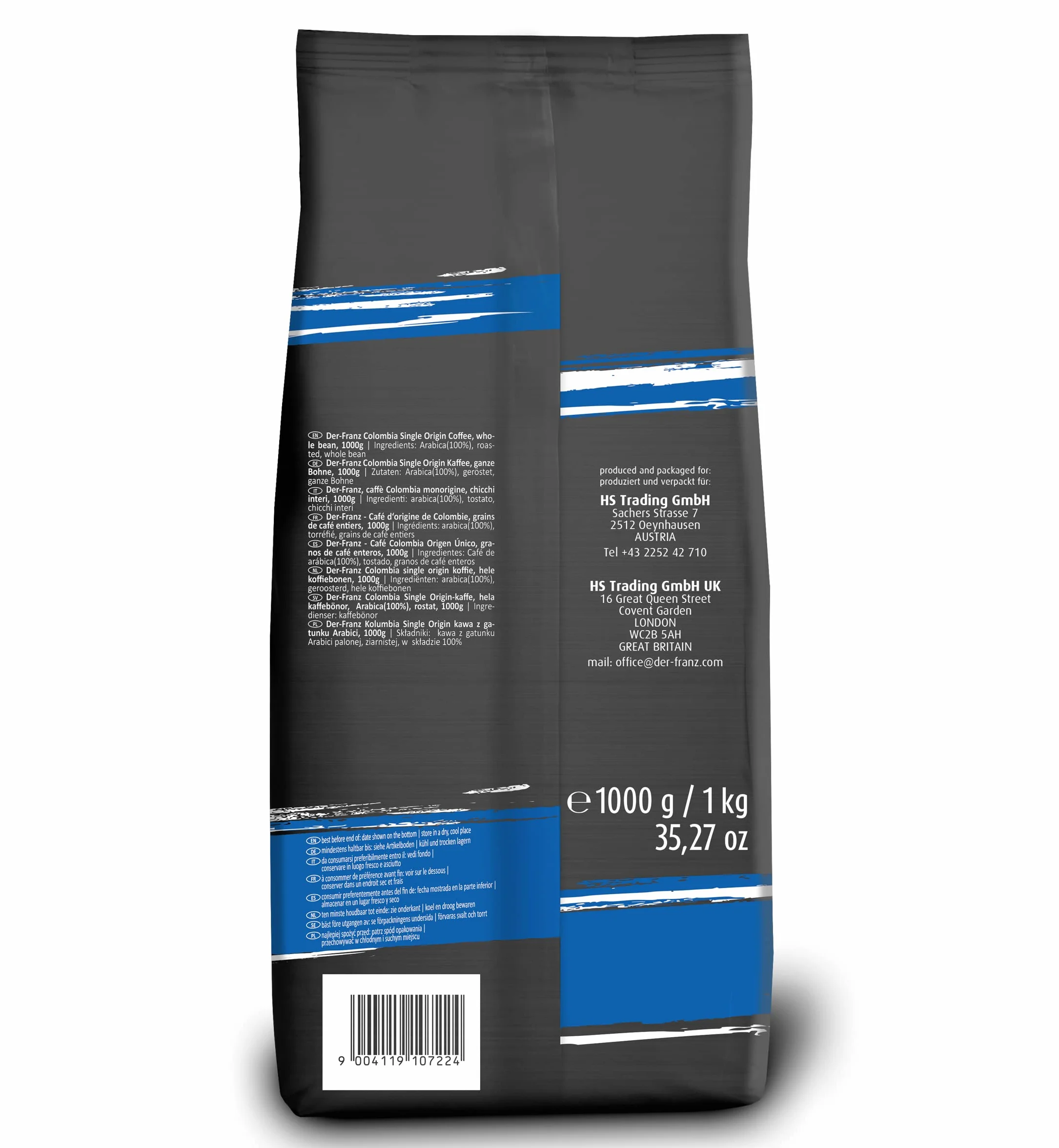 Der-Franz Columbia Single Origin Kawa, intensywność 3/5, 100% Arabica, całe ziarna, 1000 g