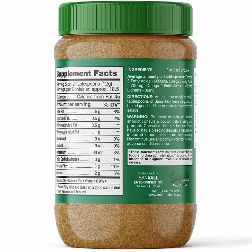 SANAR ORGANIC GROUND FLAX SEED LINAZA, Omega 3 6 9, DEITARY FIBER - LINANS, ...