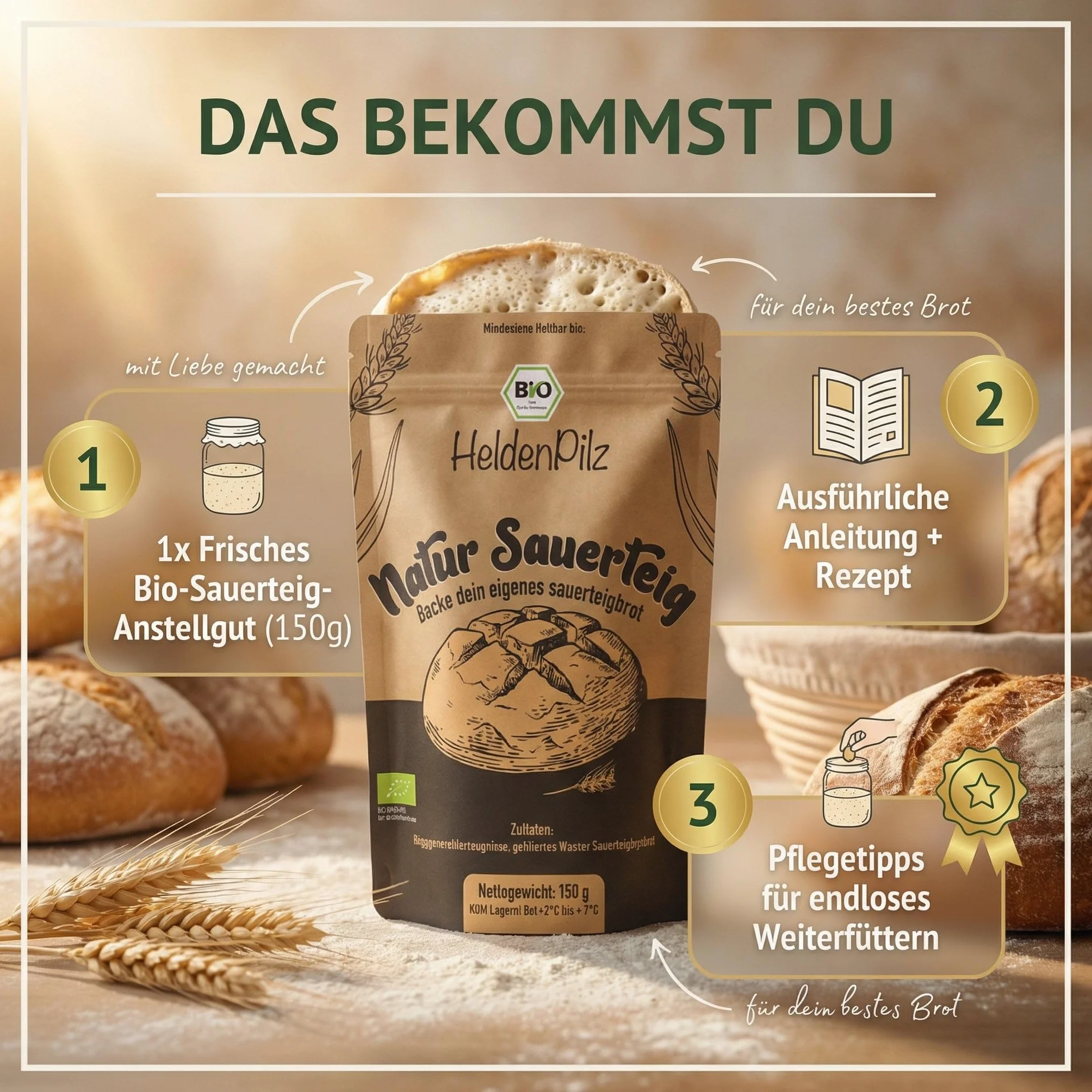 HeldenPilz | Świeże ekologiczne zakwaszone ciasto | zestaw do pieczenia chleba + prezent | samodzielne przygotowanie chrupiącego chleba wraz z instrukcją (może nie być dostępna w języku polskim) i