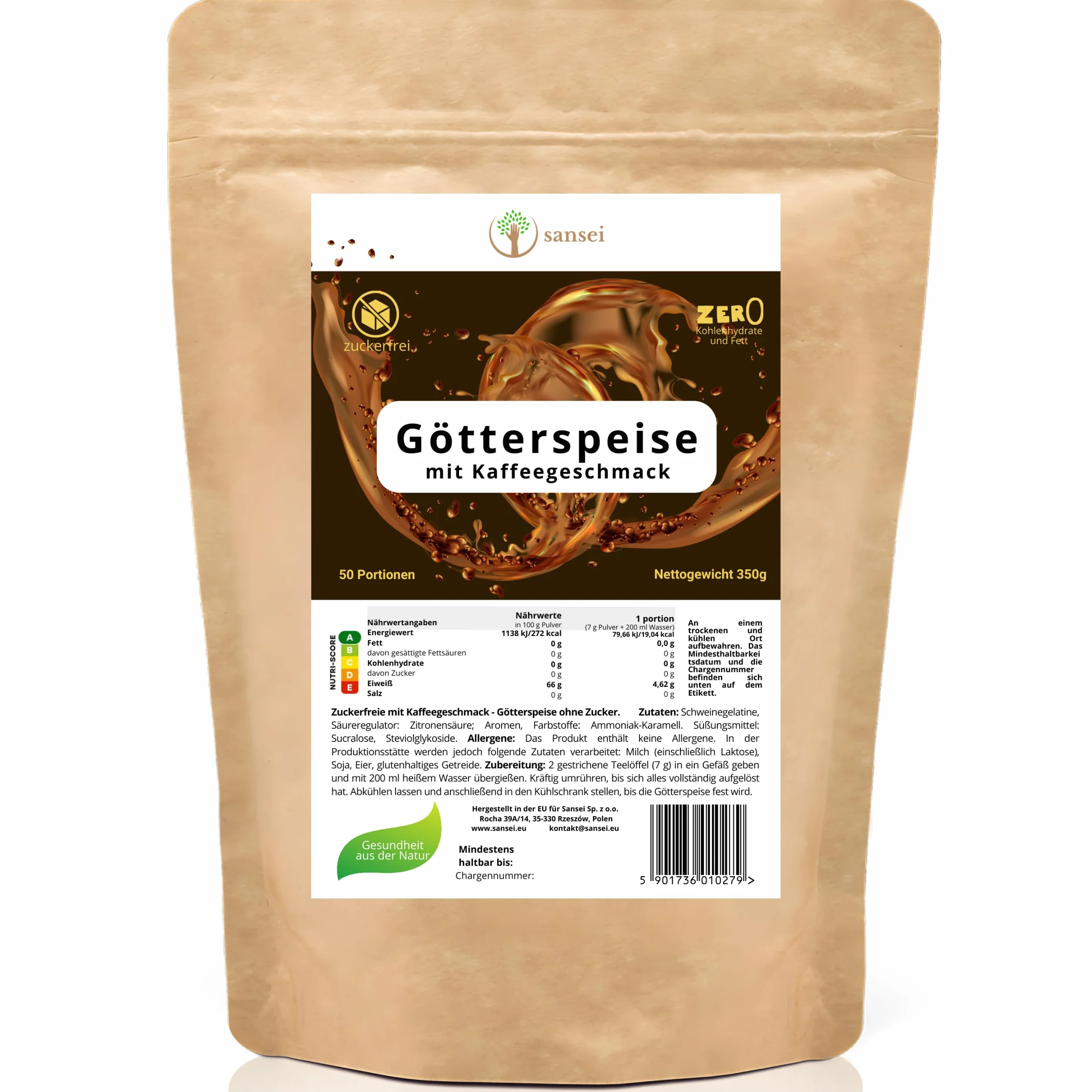Sansei galaretka deserowa 350 g – do 50 porcji – Bez Cukru, Bez Glutenu, Bez Tłuszczu, Bez Węglowodanów, KETO (Kawa)