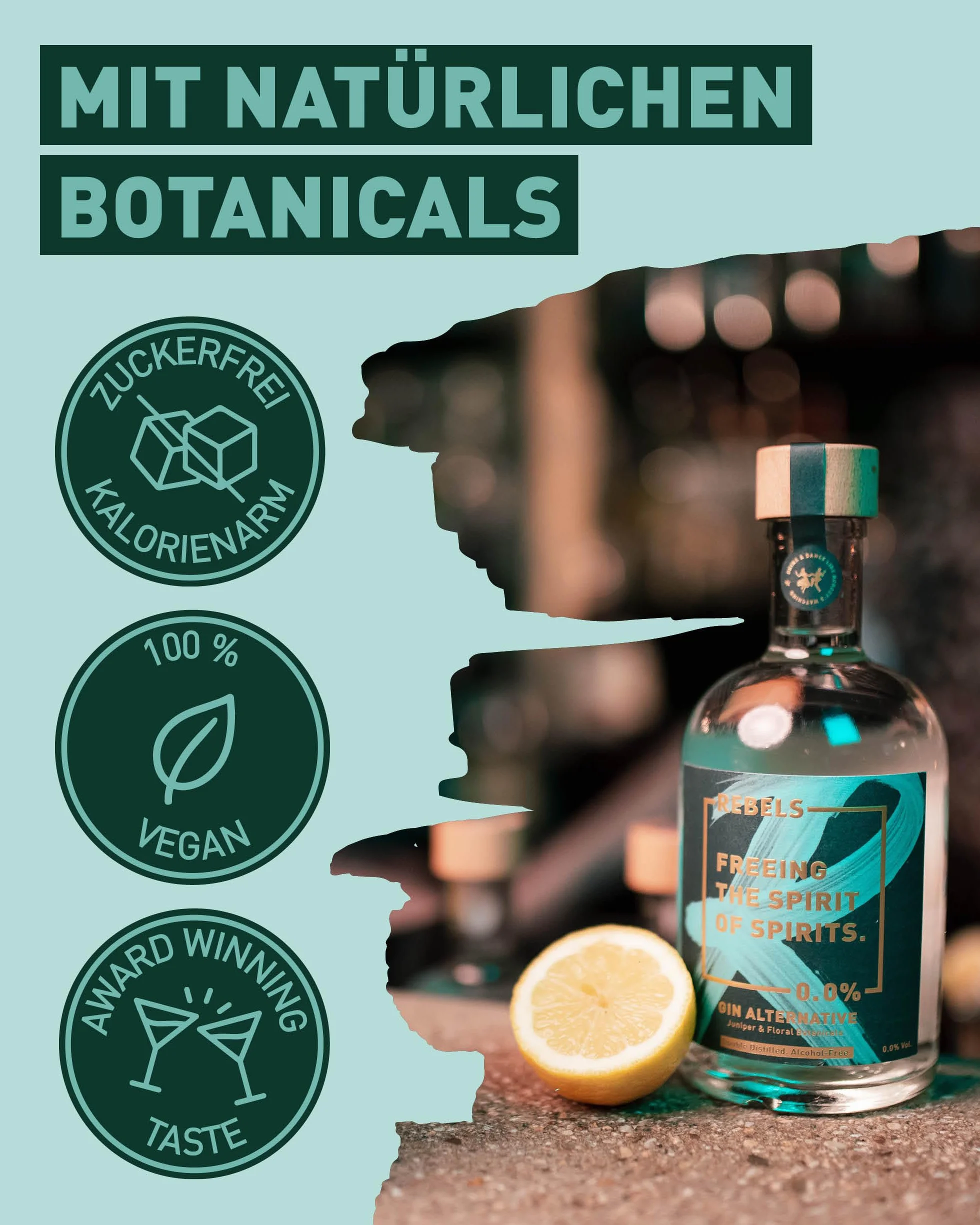 REBELS 0.0% Bezalkoholowa alternatywa dla ginu, podwójna destylacja dla intensywnego aromatu, nagradzany smak, wegański, bez cukru i bez alkoholu, do mieszania koktajli bezalkoholowych, 500 ml