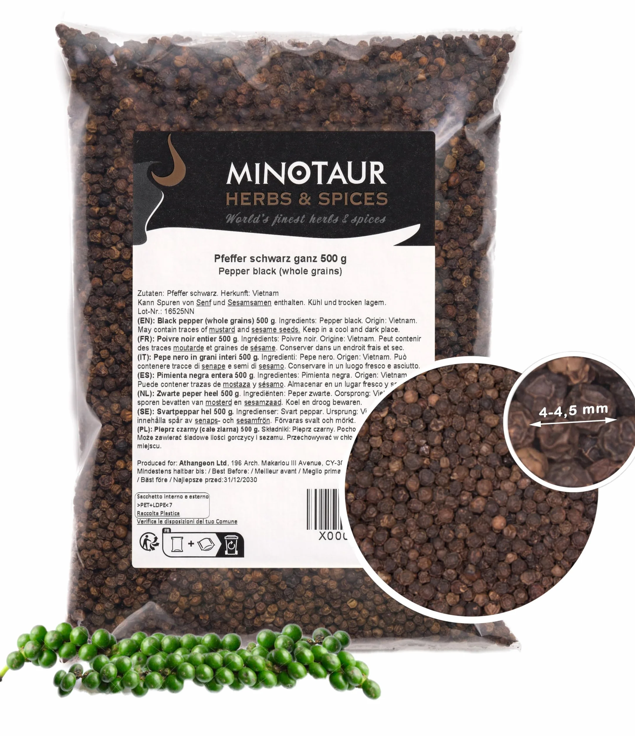 Minotaur Spices | Pieprz czarny, Pieprz ziarnisty cały, 2 X 500g (1 Kg)