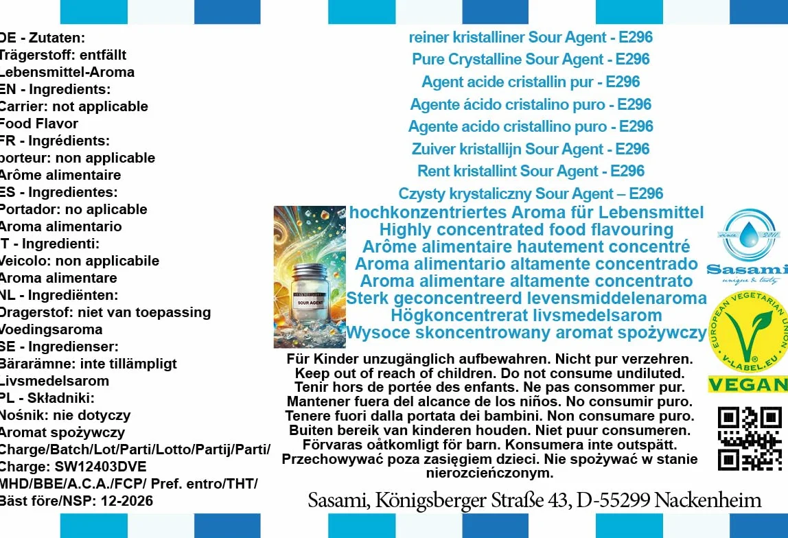 Czysty krystaliczny Sour Agent – E296 – aromat koncentrat – Wegański – Sasami – 10g