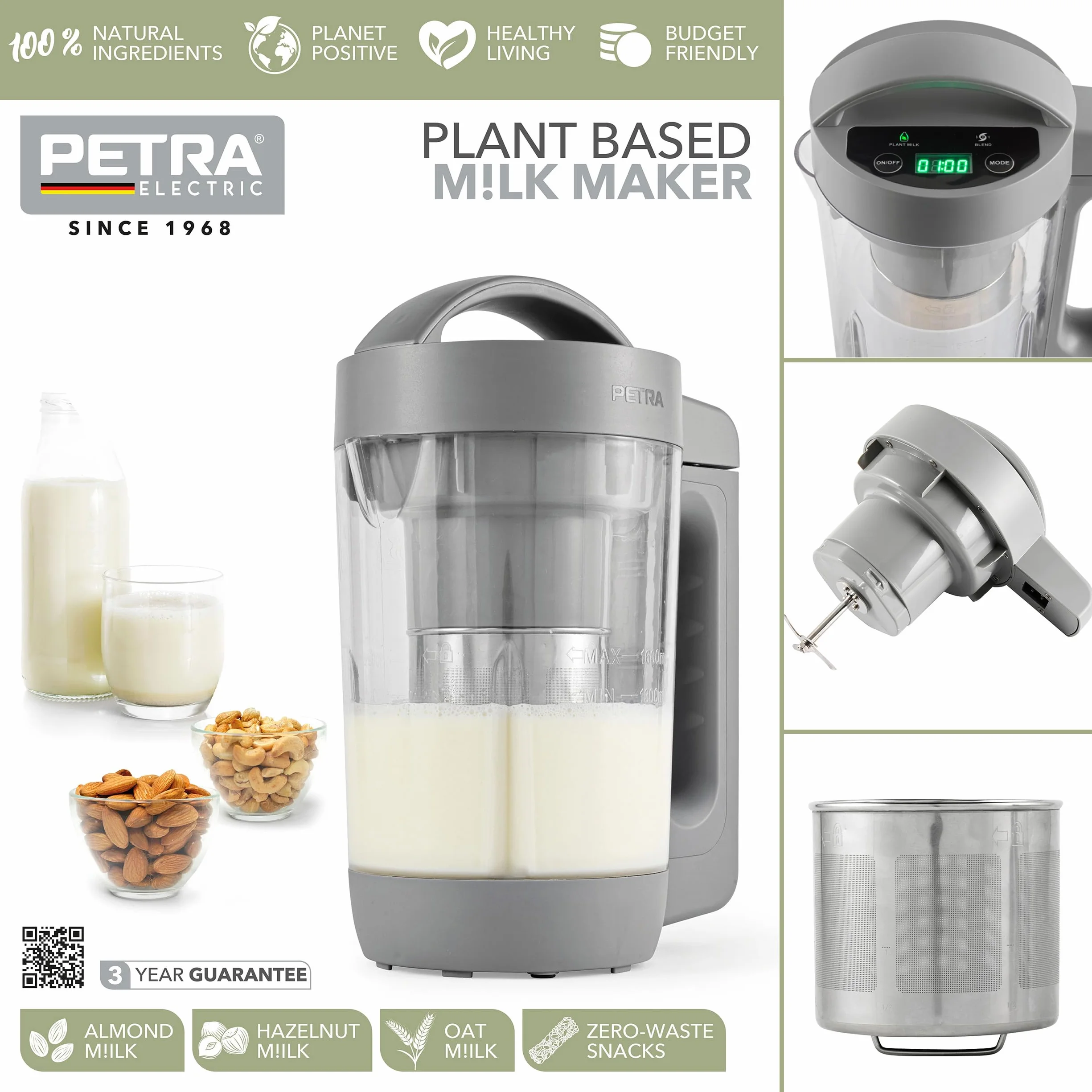 Petra PTEK5258WELVDEEU10 Urzadzenie do mleka roslinnego, napoje bez nabialu, zdrowe napoje roslinne, pojemnosc 1,6 l, obsluga za pomoca jednego przycisku, domowe mleko owsiane, sojowe i migdalowe