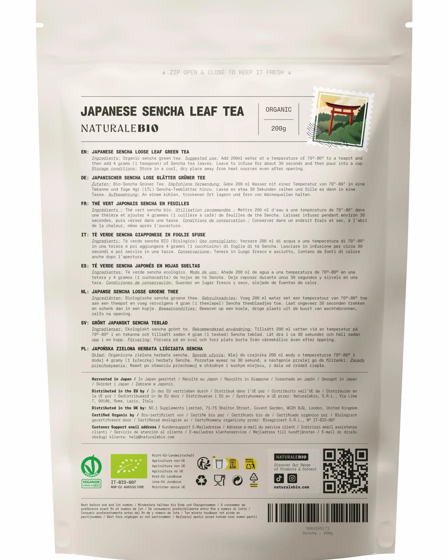 NaturaleBio Zielona Herbata Sencha Japońska Bio 200g - Organiczna Herbata Liściasta Pierwszego Zbioru