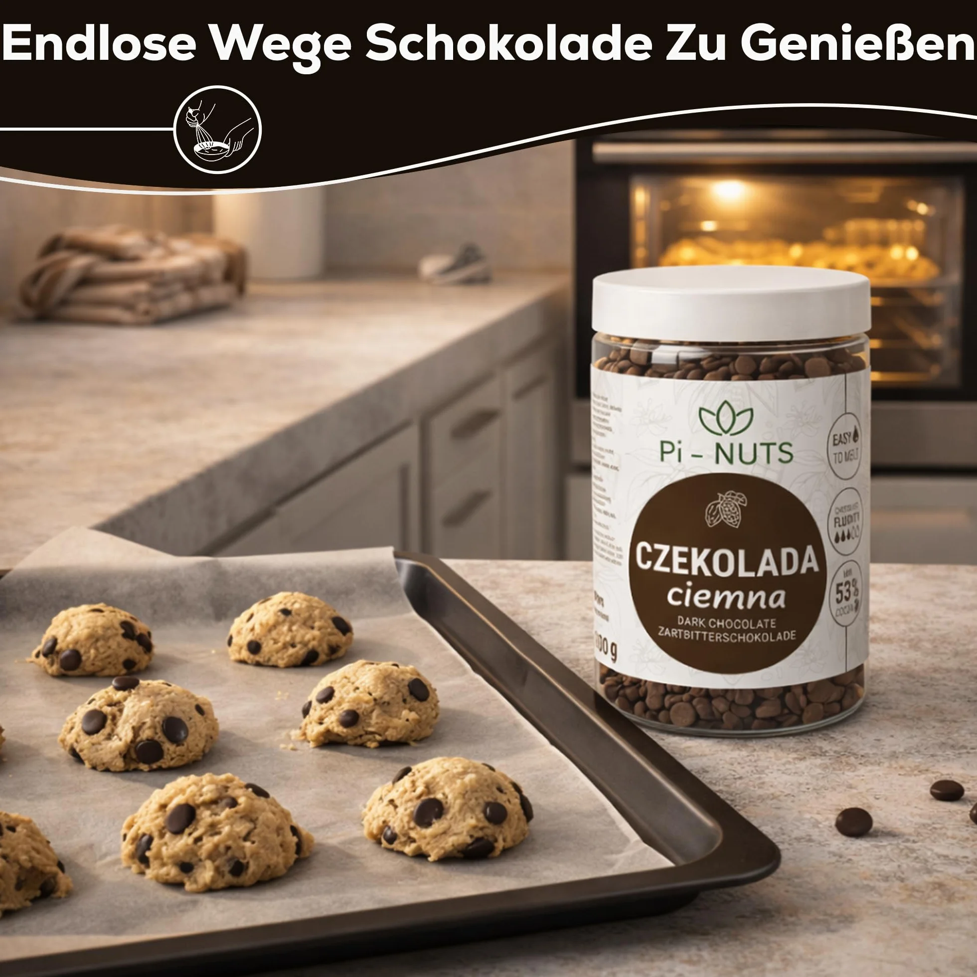Pi-NUTS Czekolada Ciemna 53% Dropsy, Do Wypieków, Fondue, Fontann, Pralin, 600g