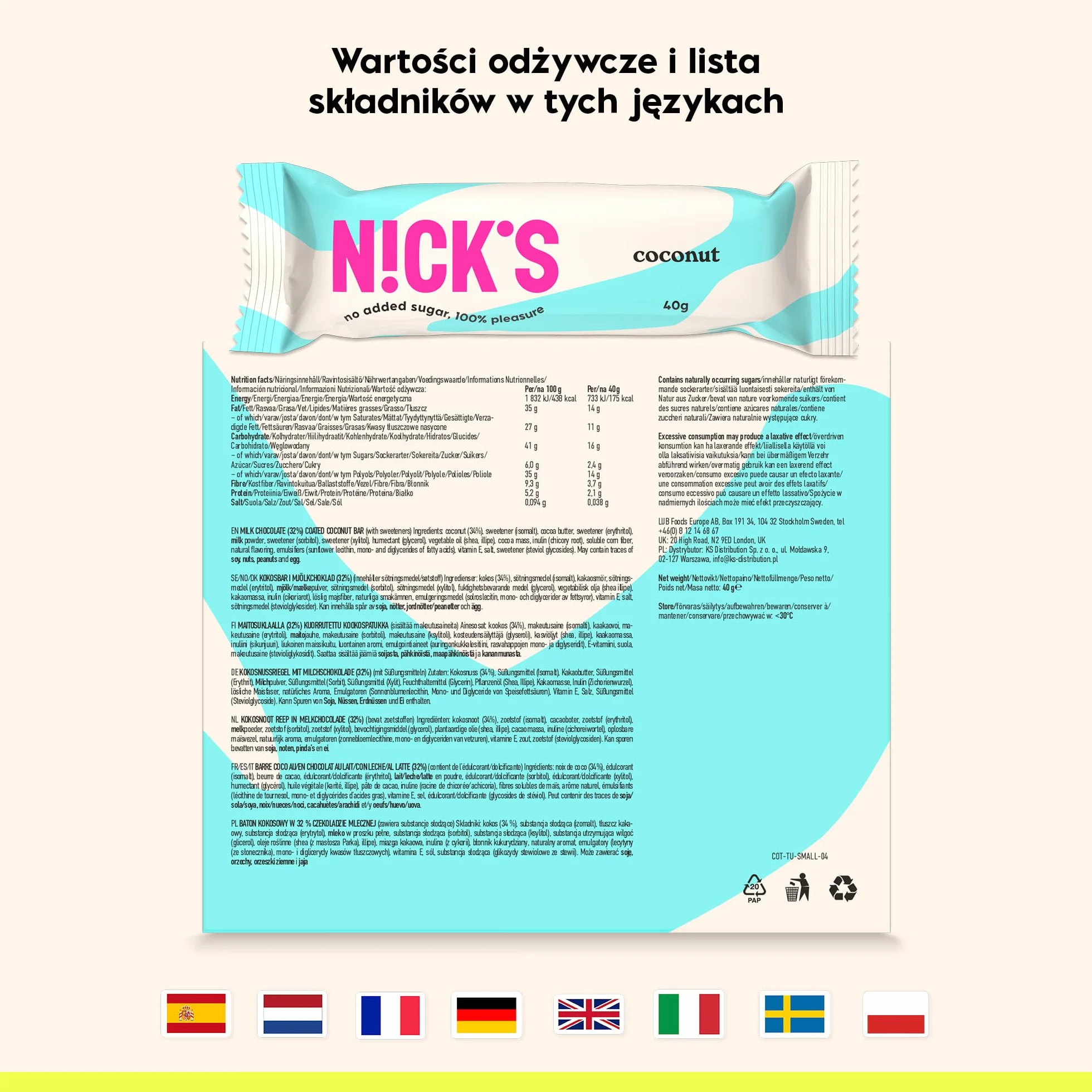 NICKS Keto Batony Coconut, Czekoladowo-kokosowy Przekąski, 175 kalorie, 2 węglowodanów netto, bez dodatku cukru, bezglutenowe, słodycze niskowęglowodanowe (15x40g)