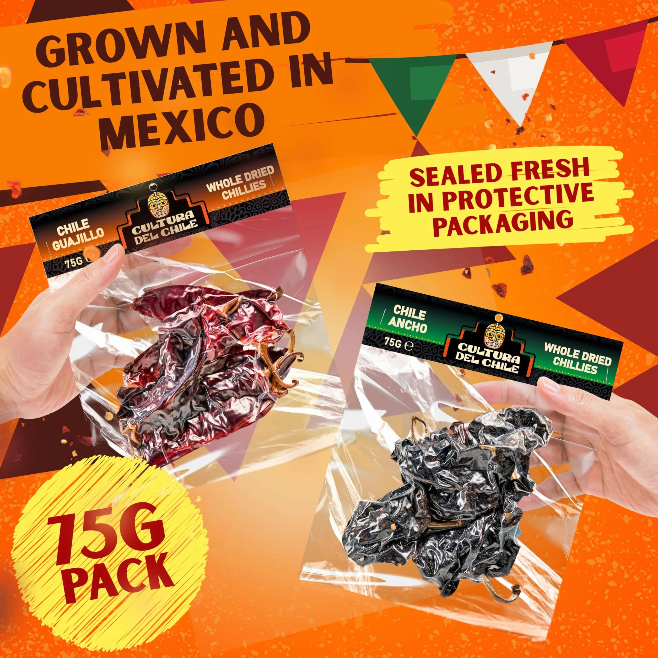 Pakiet całych meksykańskich suszonych papryczek chili. Guajillo 75 g i Ancho 75 g (łącznie 150 g), całkowicie naturalne, lekkie do średniego ciepła dla autentycznego meksykańskiego smaku. Idealny do