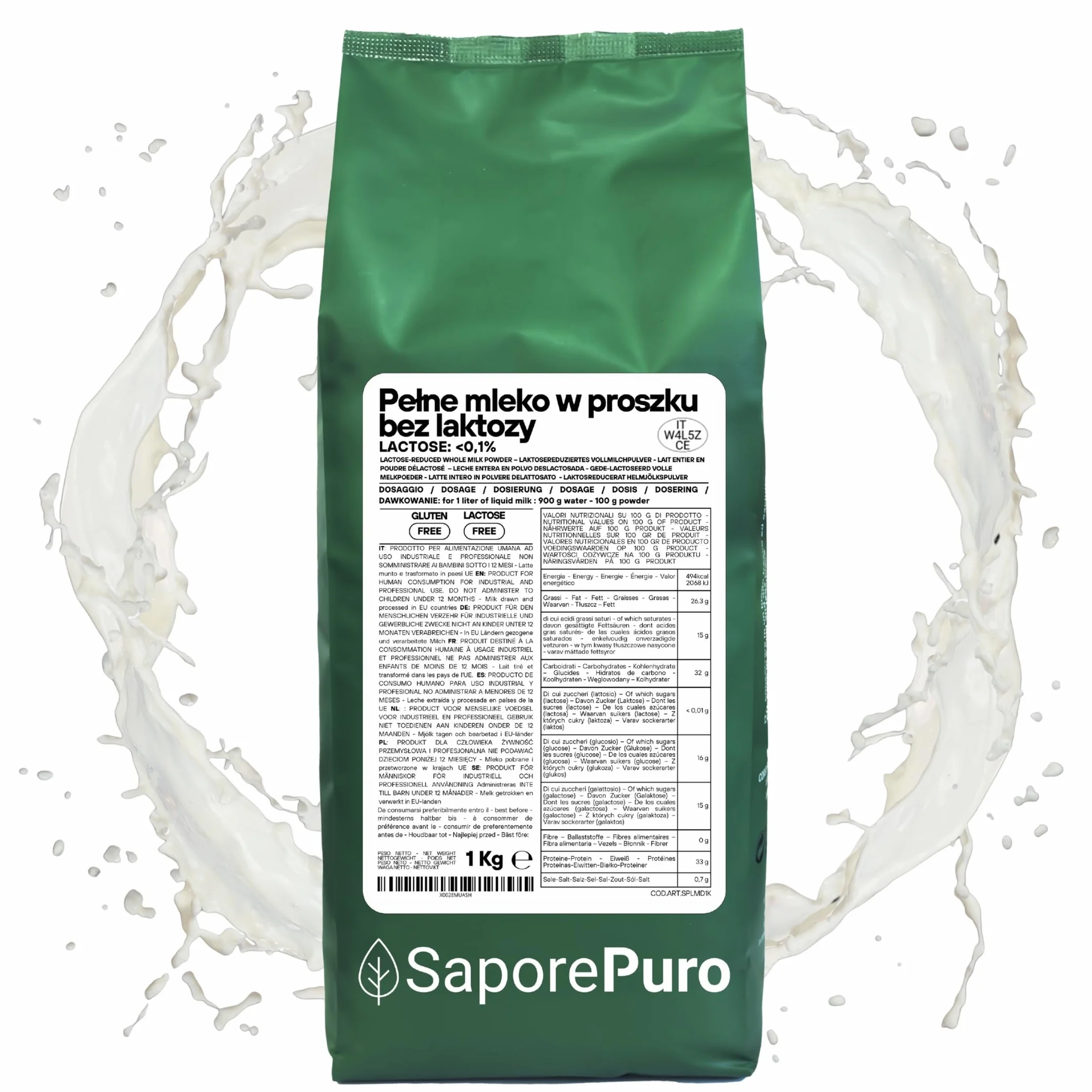 SaporePuro Pełne Mleko w Proszku Bez Laktozy 1 kg Wysoka Rozpuszczalność Bezglutenowe