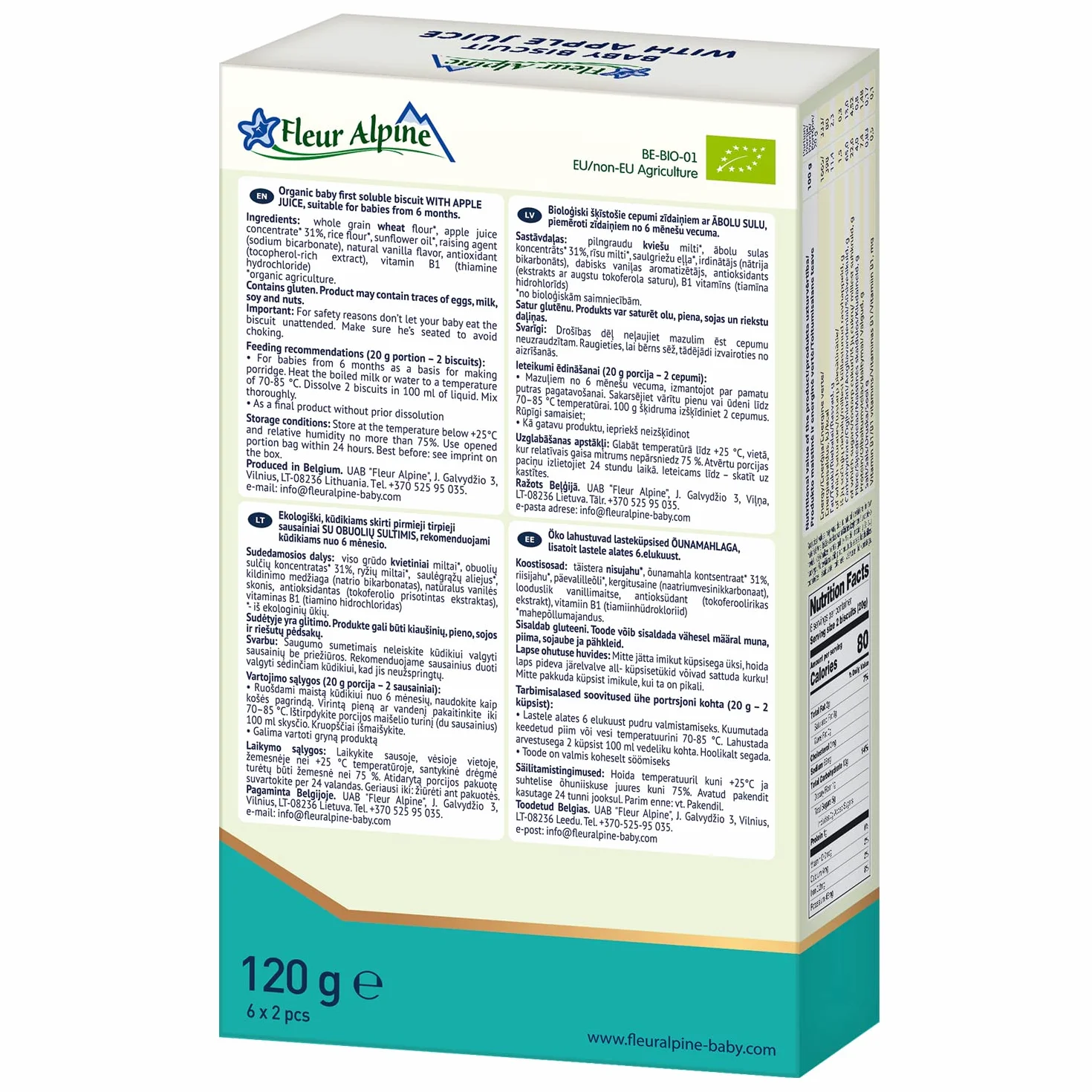 Fleur Alpine Baby Herbatniki z Sokiem Jabłkowym - 12 x 2 Pyszne przekąski dla niemowląt na pyszną, gładką owsiankę śniadaniową lub przekąskę pomiędzy | Łatwe ciasteczka pełnoziarniste | 6 miesięcy