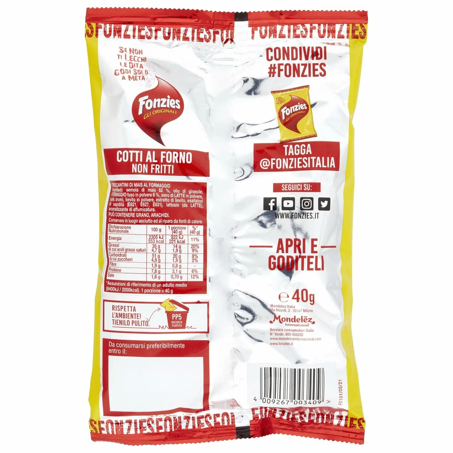 10 x Fonzies Gli Originali "przekąska kukurydziana o smaku sera", 40 g