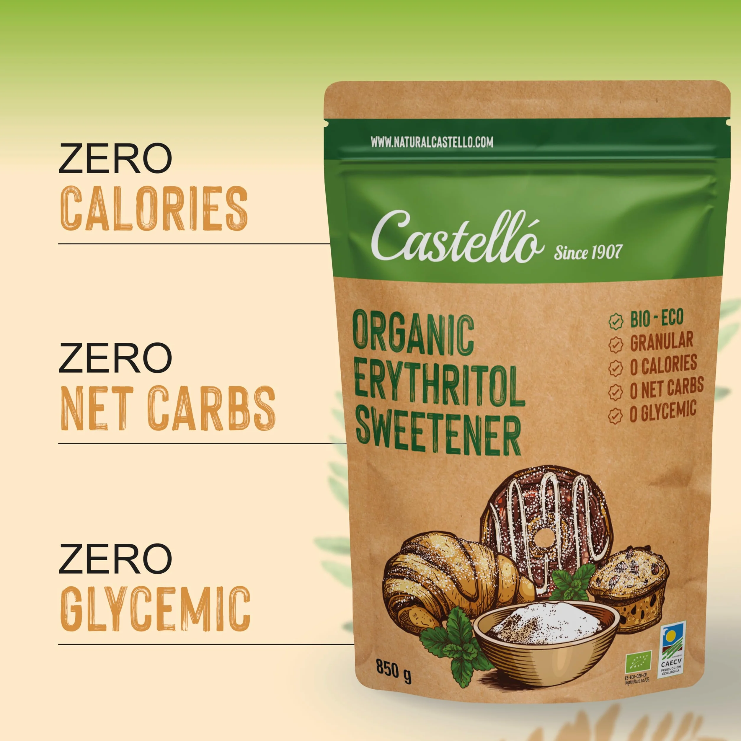 Słodzik z erytrytol Bio Organiczny Ekologiczny | 10g = 7g cukru | Zamiennik cukru - 0 Kalorii - 0 Indeks Glikemiczny - Keto i Paleo - 0 Węglowodanów Netto - Bez GMO - Castello since 1907-850 g