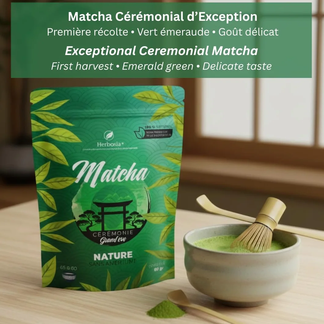 HERBOSIA Japońska matcha - jakość ceremonialna - bogata w L-teaninę i przeciwutleniacze - bez goryczki - 100% naturalna - 80 g + łyżka do dozowania w zestawie (80g, naturalna)