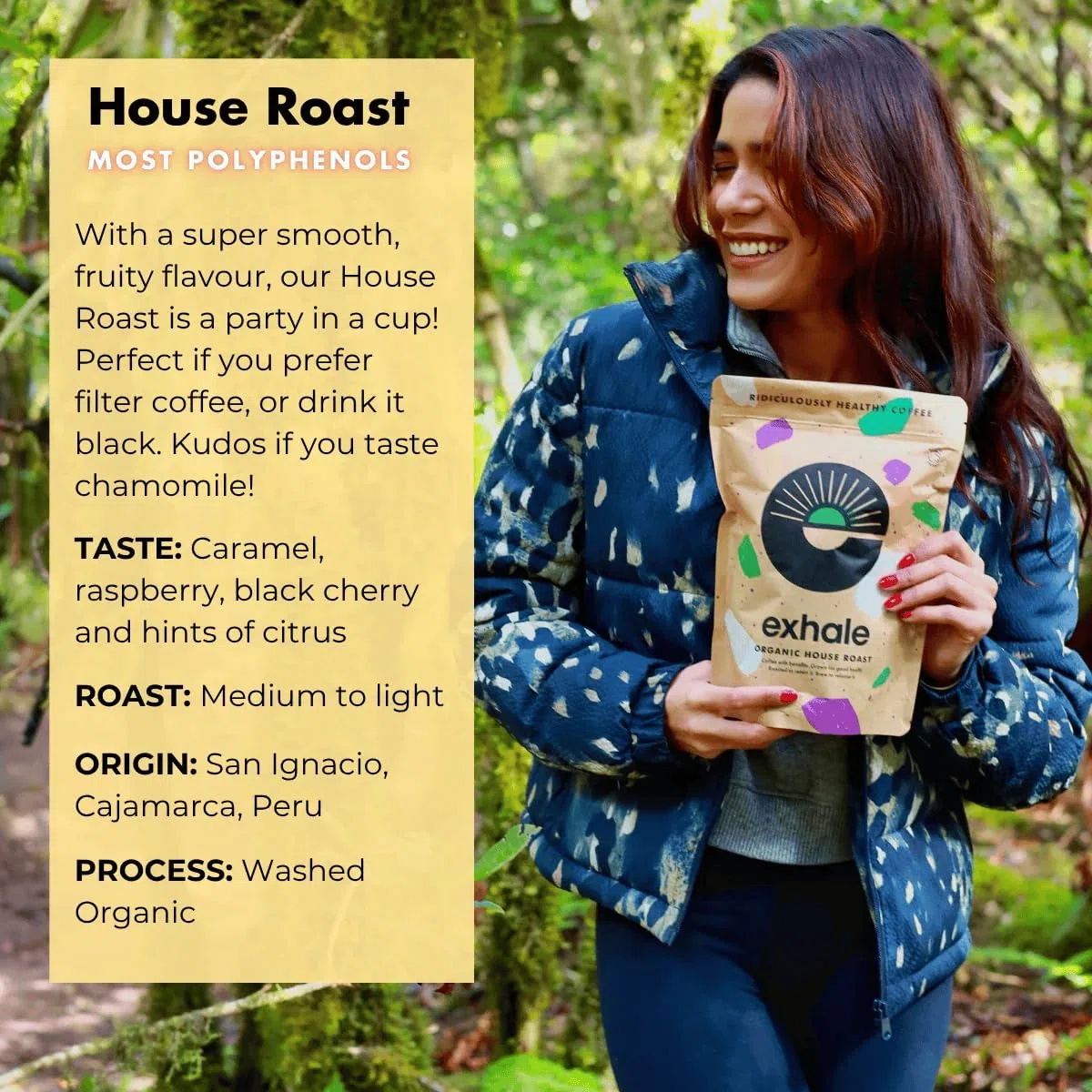 EXHALE Organiczna kawa mielona - opakowanie 225 g - pojedyncze pochodzenie i 100% ziarna arabiki. Do Moka, AeroPress i Drip - średnia palona