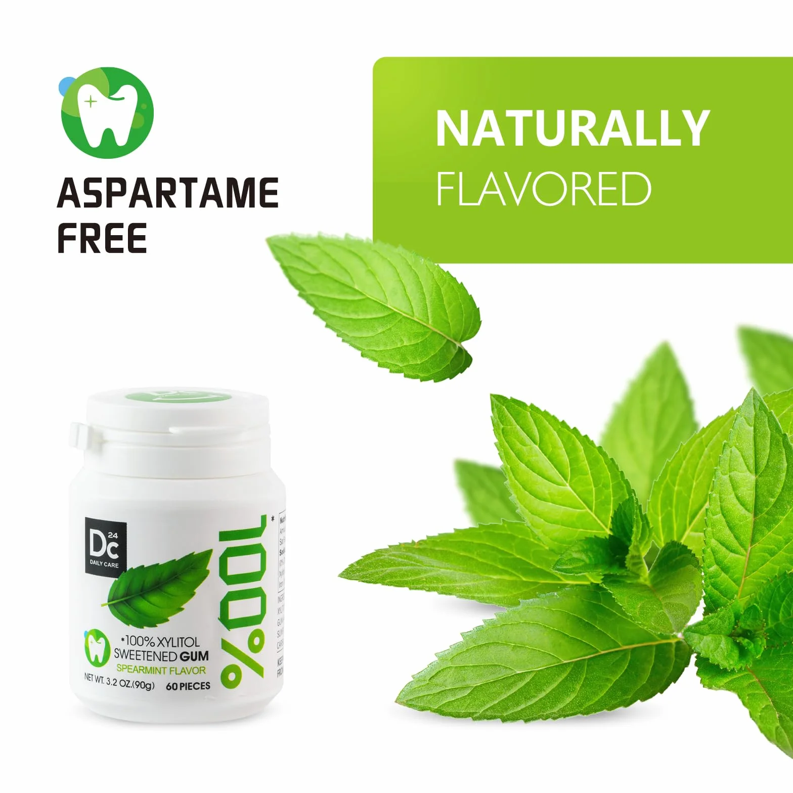 Guma do żucia z 100% Ksylitolem, Naturalny aromat mięty zielonej, Bezglutenowa, Wegańska, 60 sztuk