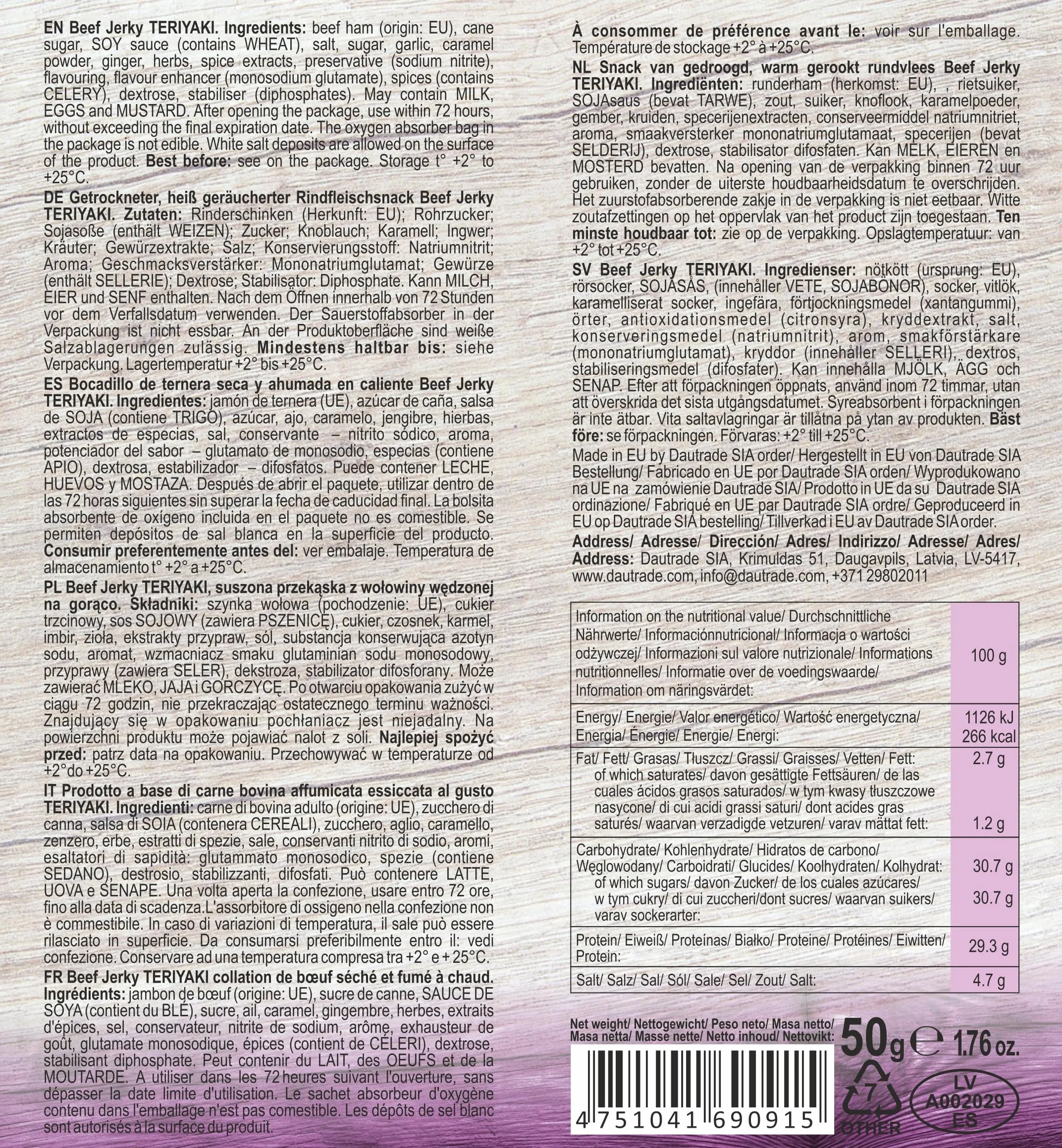 Viking Bites Beef Jerky Mixed box - 400 g (8 x 50 g) – mieszanka suszonej wołowiny, pudełko - 2x Oryginalna, 2x Jalapeno, 2x Barbecue, 2x Teriyaki – Przekąska mięsna o wysokiej zawartości białka