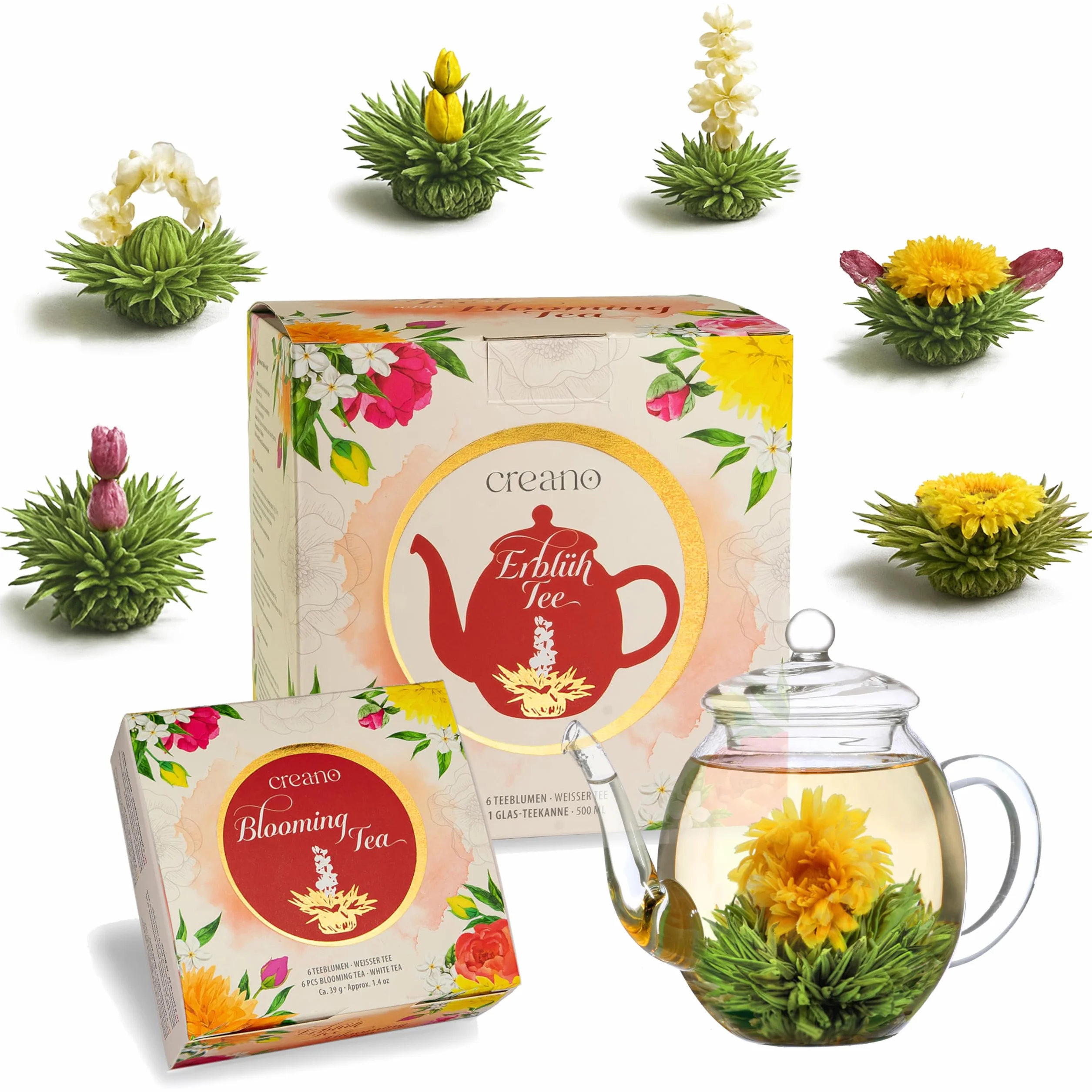 Creano zestaw prezentowy herbata kwitnąca Spring Harvest 500 ml szklany dzbanek 6 białych herbat