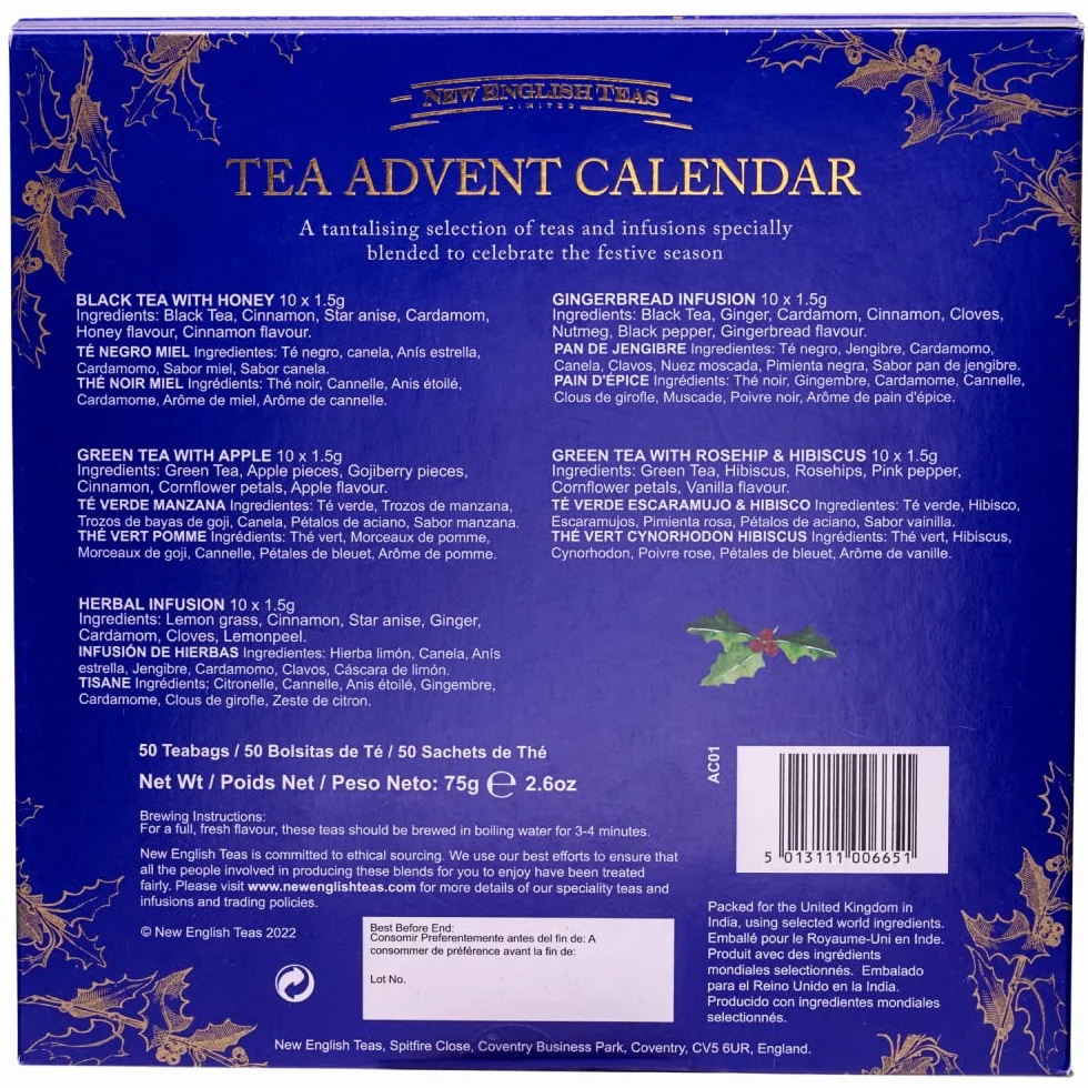 New English Teas Świąteczny kalendarz adwentowy na herbatę, 50 torebek z piramidami, 5 świątecznych mieszanek czarnej herbaty, owoców i ziół