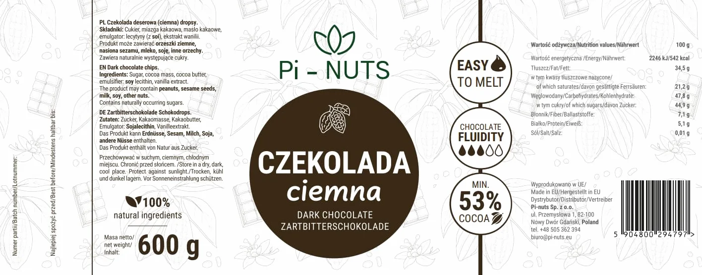 Pi-NUTS Czekolada Ciemna 53% Dropsy, Do Wypieków, Fondue, Fontann, Pralin, 600g
