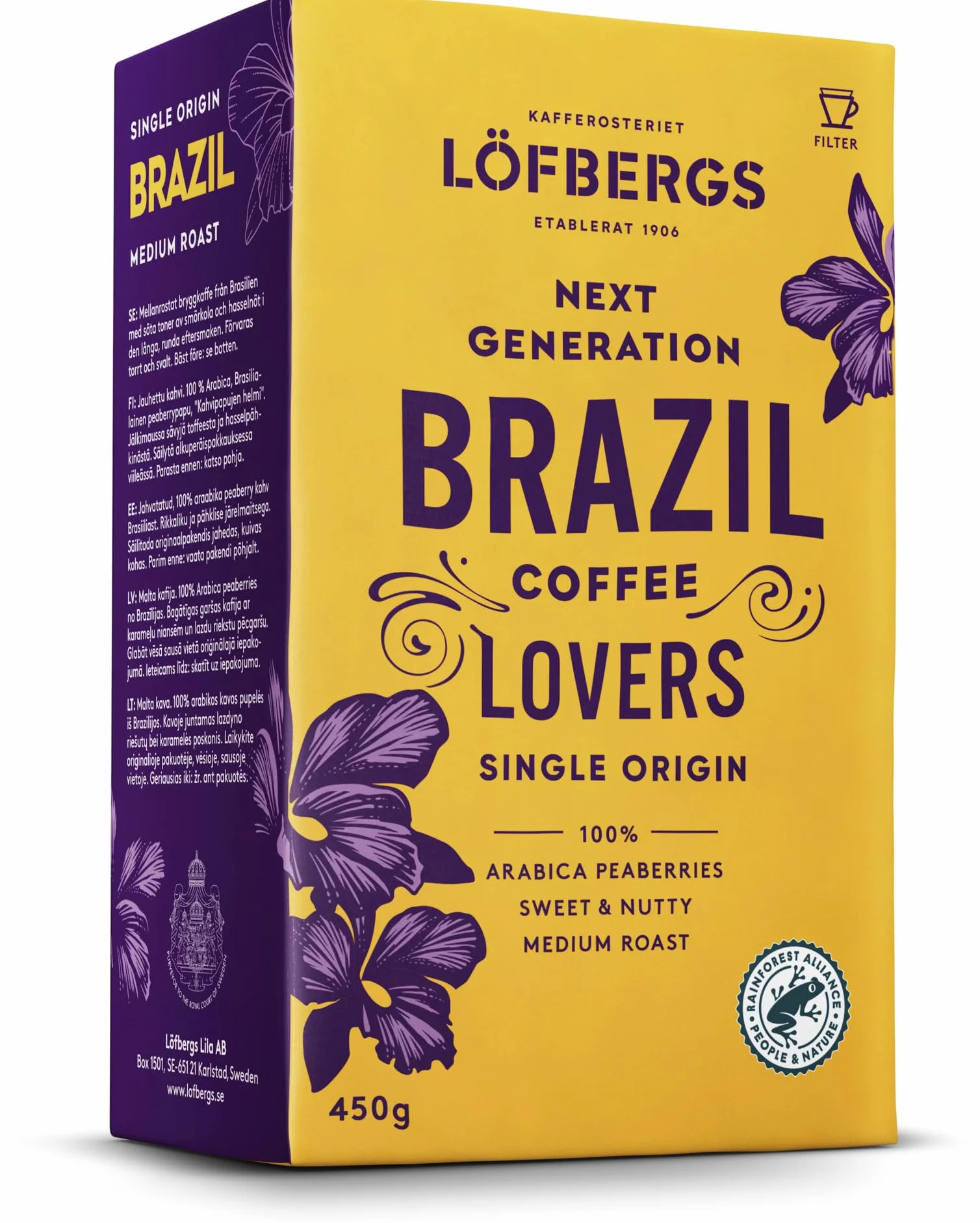 Löfbergs Brazil Coffee Lovers, Kawa Mielona Arabica, Średnio Palona, Nuty Czekolady i Orzechów, 450g