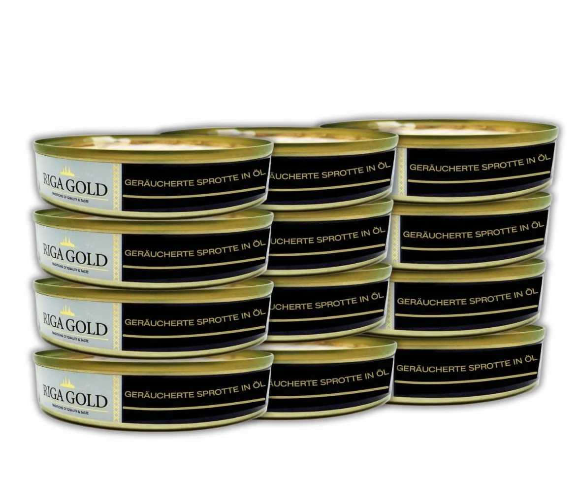 Riga Gold Wędzone szproty w oleju - konserwy rybne w puszkach – konserwy i produkty marynowane do szybkich posiłków i dodatków – 12 x 120 g