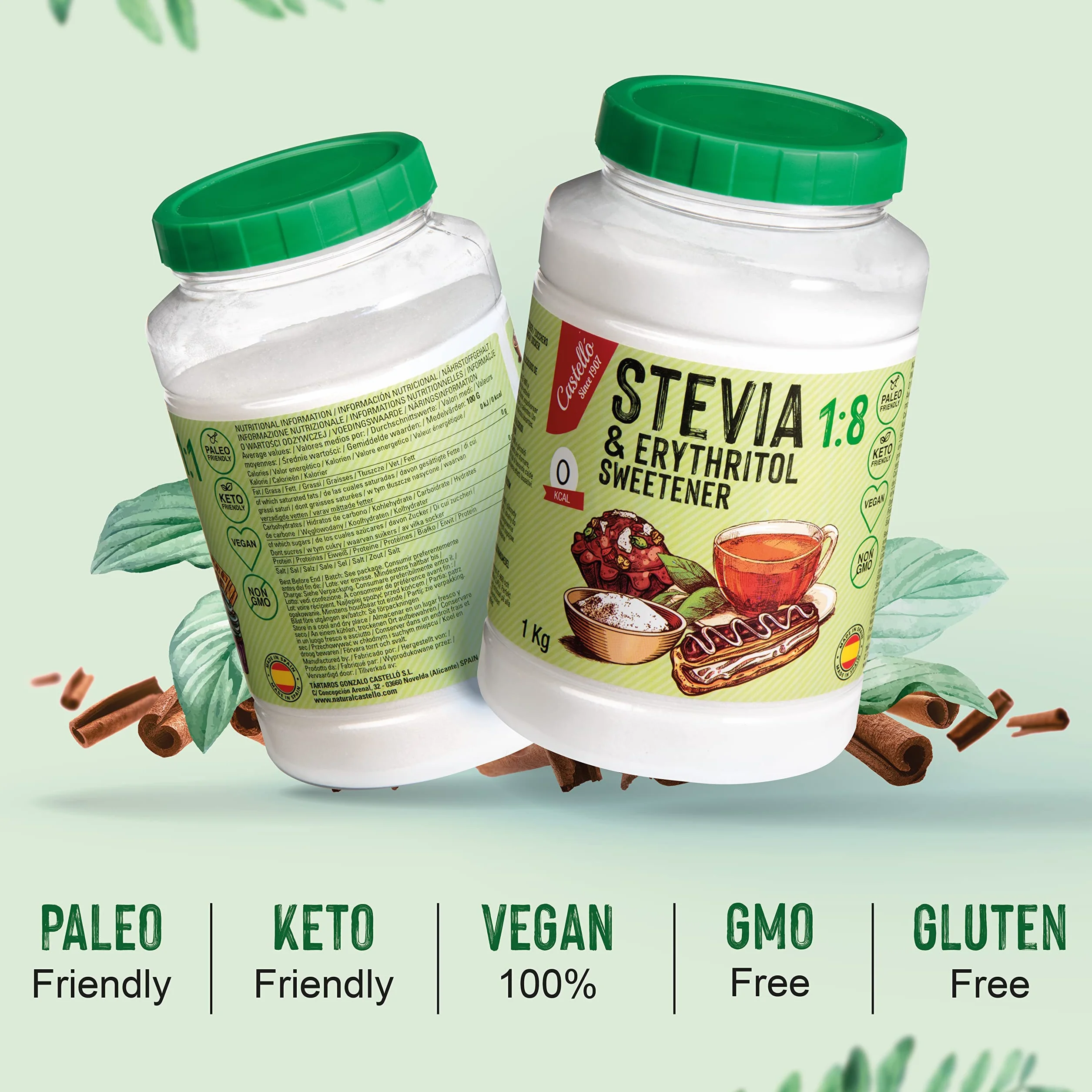Słodzik Stevia + Erytrytol 1:8 | 1g = 8g cukru | Słodzik o 100% naturalnym smaku - 0 Kalorii - 0 Indeks Glikemiczny - Keto i Paleo - 0 Węglowodanów Netto - Bez GMO - Castello since 1907-1 kg | 1 g = 8 g cukru, 100% naturalny smak, 0 kalorii, 0 indeks glik