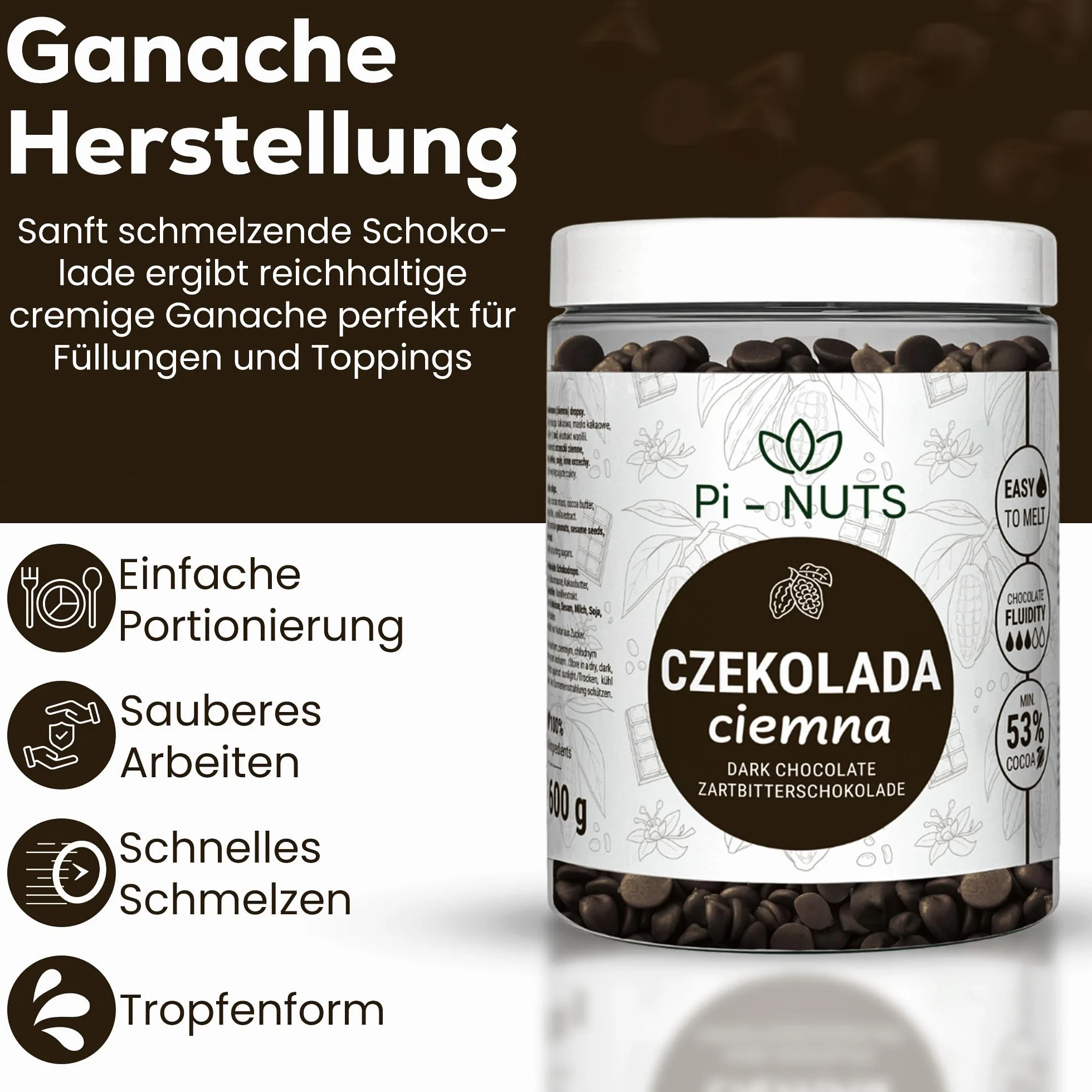 Pi-NUTS Czekolada Ciemna 53% Dropsy, Do Wypieków, Fondue, Fontann, Pralin, 600g