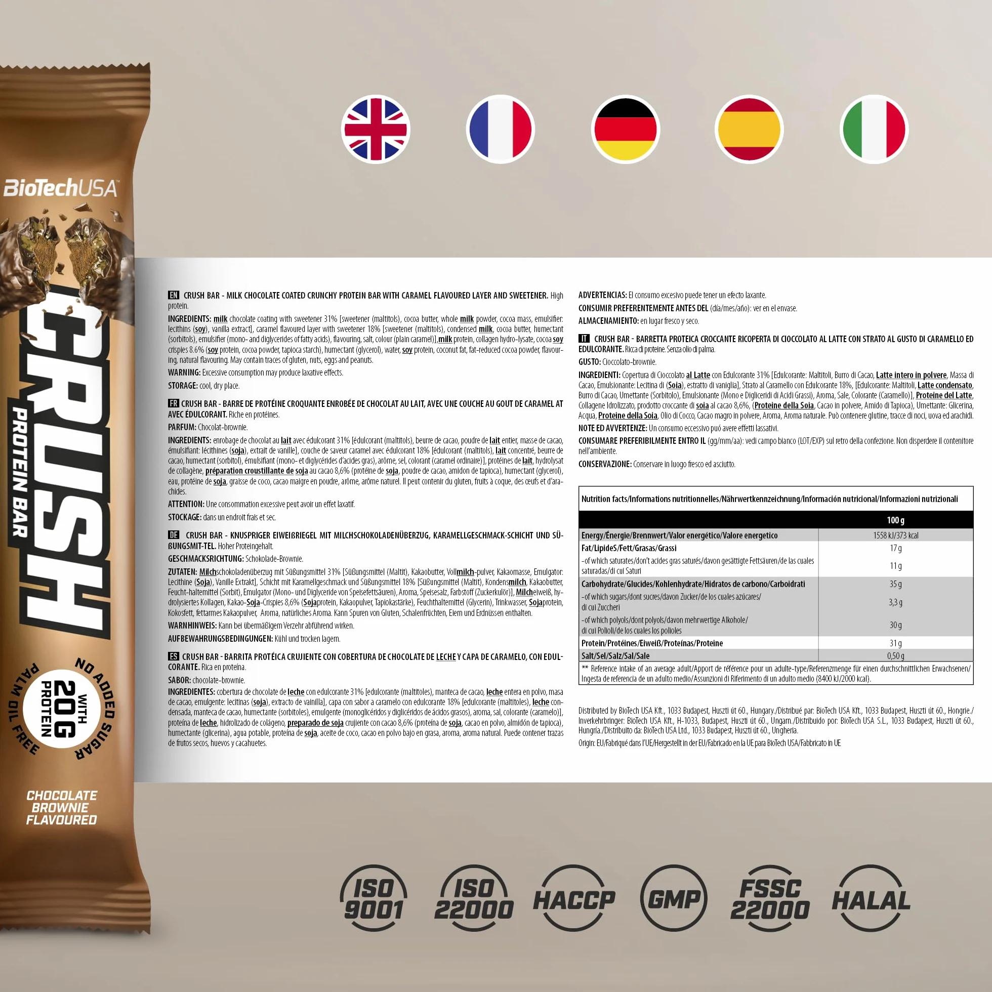 BioTechUSA Crush Bar, Baton z dużą ilością białka z chrupiącą polewą czekoladową, 12x64g, ciasteczka czekoladowego