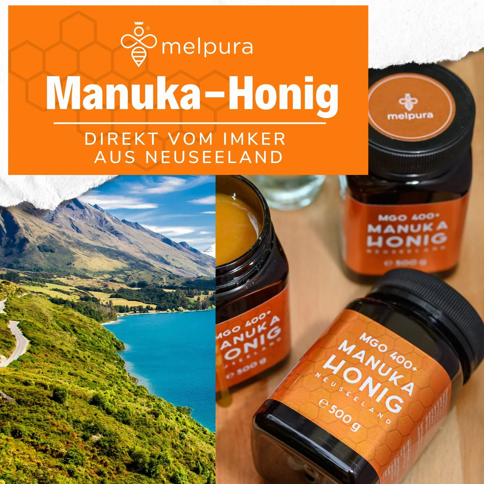 MELPURA Miód Manuka, MGO 400 + 500 g, z Nowej Zelandii z certyfikowaną, naturalną zawartością glizyksu metylowego – testowany laboratoryjnie, zweryfikowane pochodzenie, uczciwy handel bezpośrednio od producenta