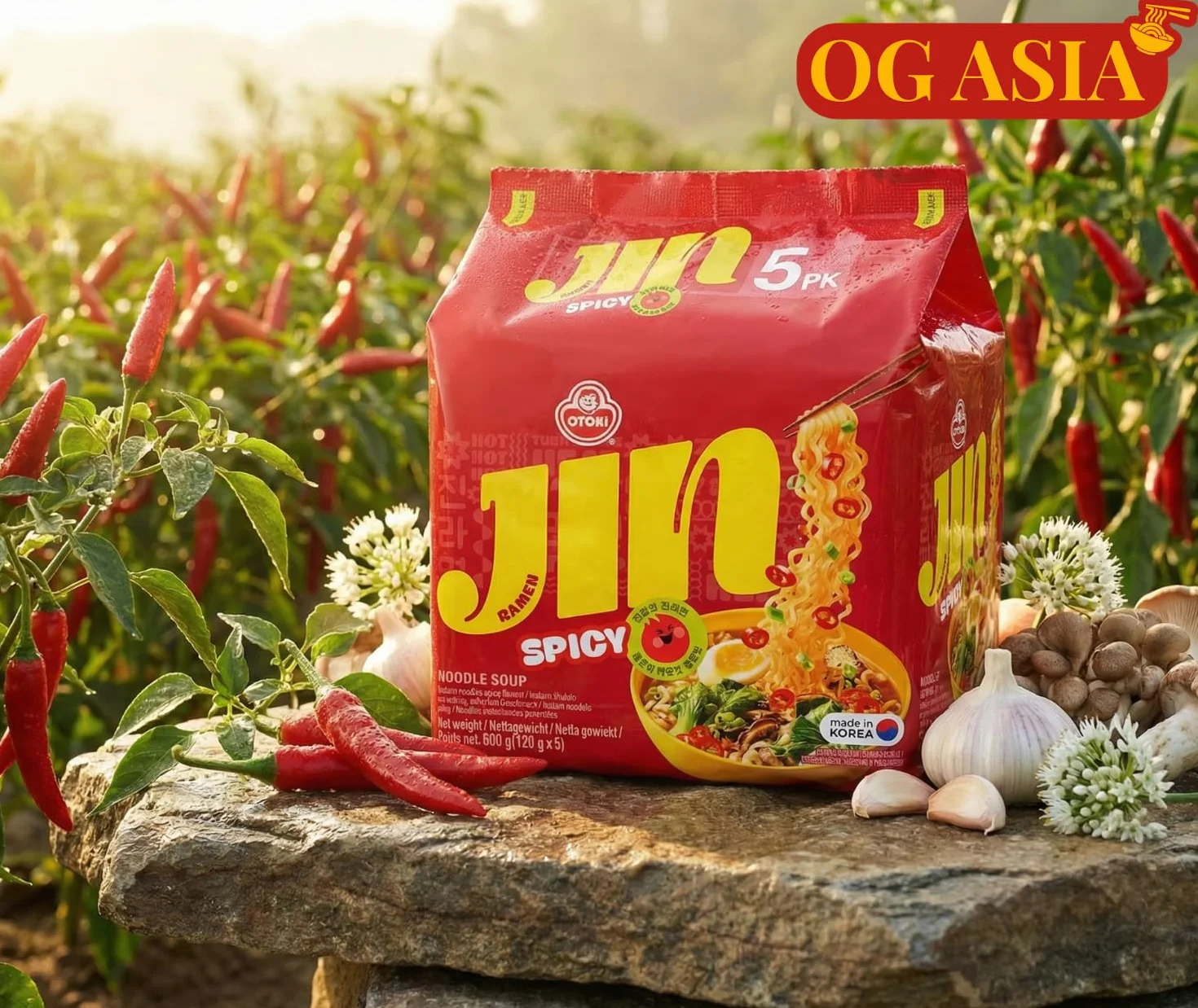 Ottogi Jin Ramen Spicy 5 szt. - makaron instant, ostry, autentyczny, koreański, 5 x 120 g, OG ASIA - 600 g