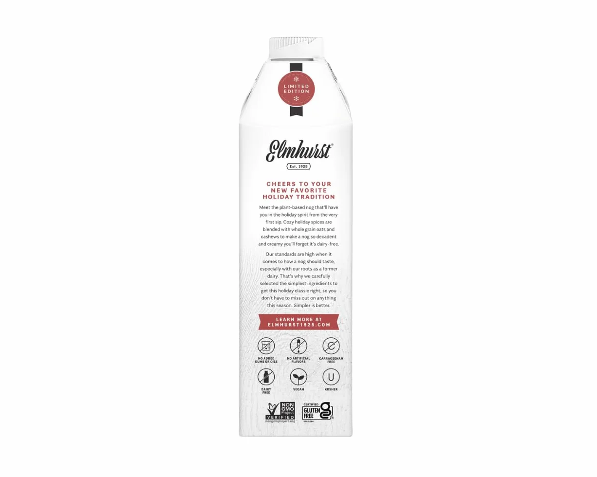 Elmhurst 1925 OatNog Cashew – Wegański napój owsiano-nerkowcowy typu eggnog z nutą cynamonu – Kremowy, wszechstronny i idealny przez cały rok – 946 ml