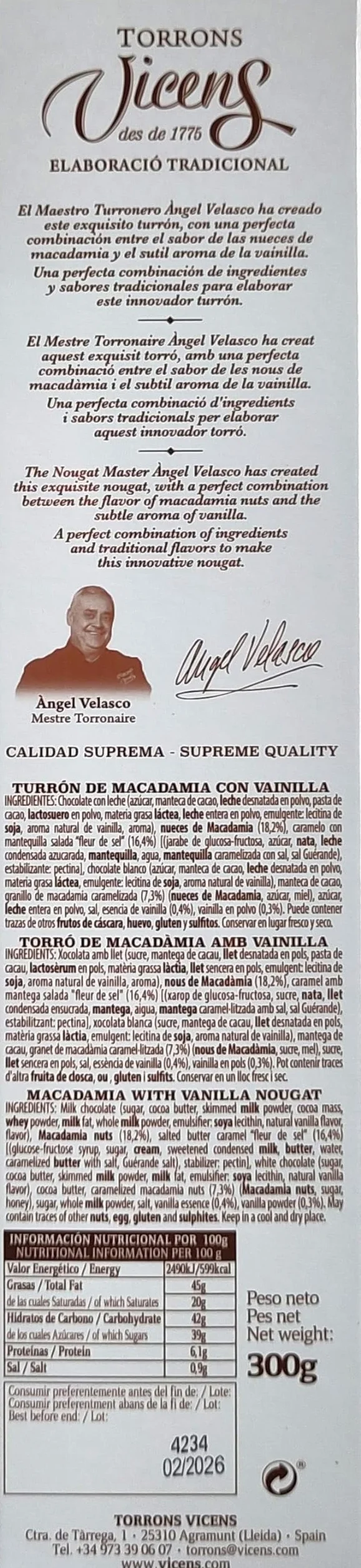 Vicens Agramunt Torrons Natura Collection Macadamia Nugat z Wanilią Bourbon Madagaskar 300 g