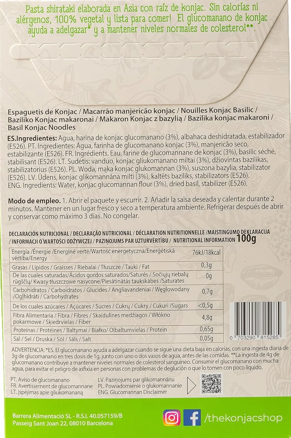 The Konjac Shop - Makaron Konjac ze Szpinakiem 270g Bezglutenowy, Niskokaloryczny, Niskowęglowodanowy, Idealny do Diety Keto (Opakowanie 5 sztuk)