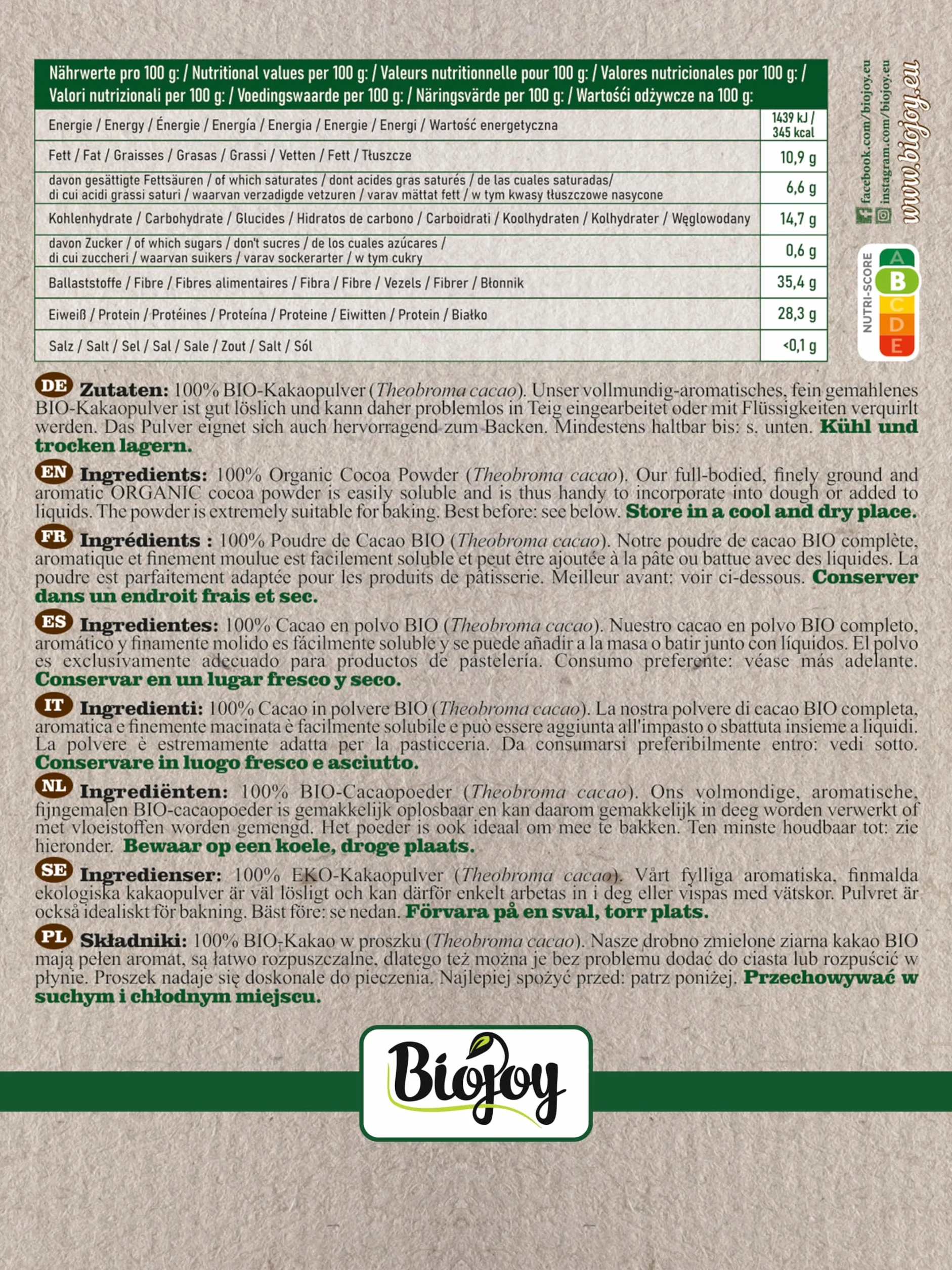 Biojoy Organiczne kakao w proszku 500 g naturalne bez dodatku cukru