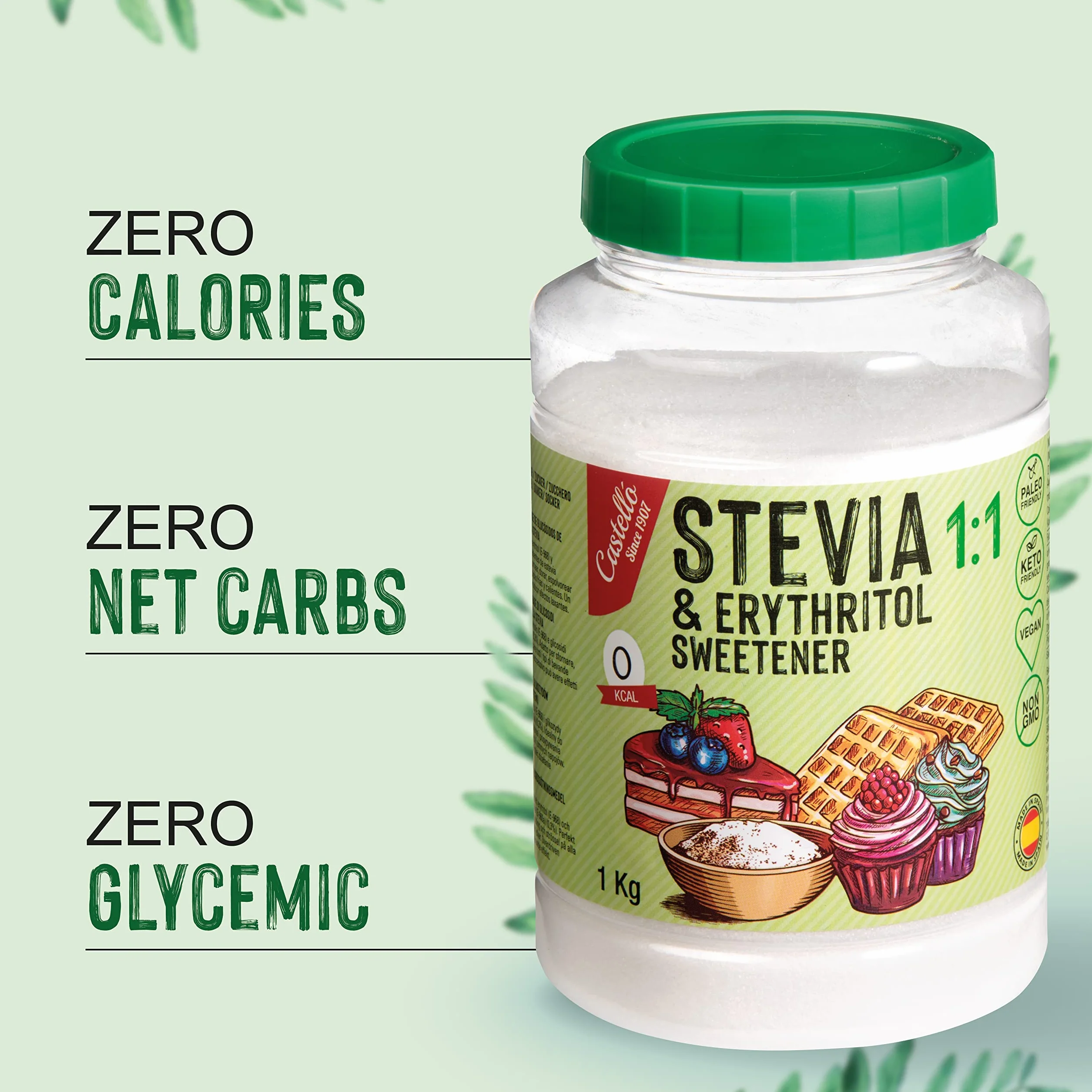 Słodzik Stevia + Erytrytol 1:1 | 1g = 1g cukru | Słodzik o 100% naturalnym smaku - 0 Kalorii - 0 Indeks Glikemiczny - Keto i Paleo - 0 Węglowodanów Netto - Bez GMO - Castello since 1907-1 kg
