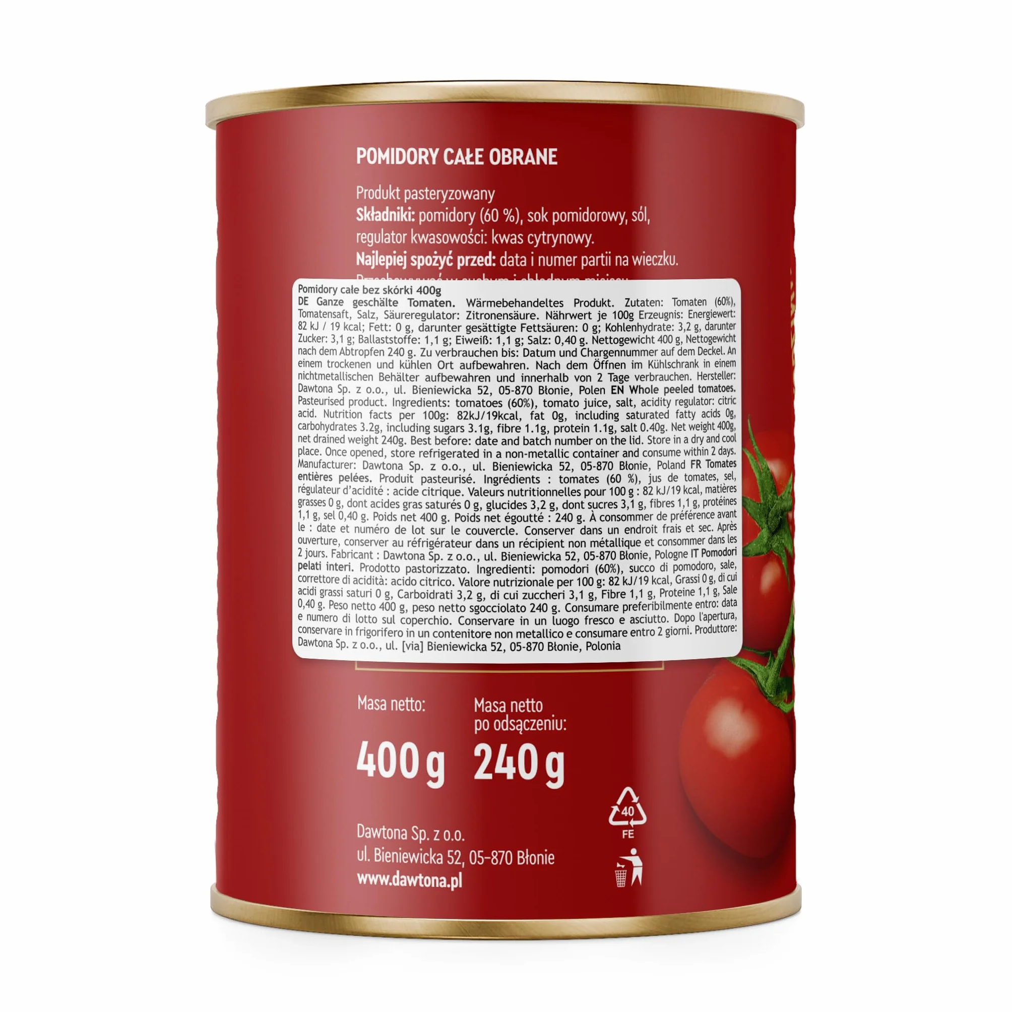 DAWTONA Pomidory całe bez skórki 12 x 400g - W soku pomidorowym, bez konserwantów - W puszce - Idealne do sosów, zup i dań jednogarnkowych