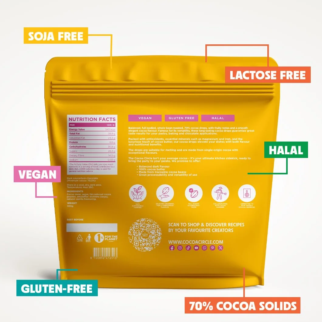 Czekoladowe krople 70,5% - The Cocoa Circle - 300g | Czekolada z jednego źródła, całe ziarna prażone z owocowymi nutami i łagodnym smakiem | Idealna do wypieków i wyrobów cukierniczych