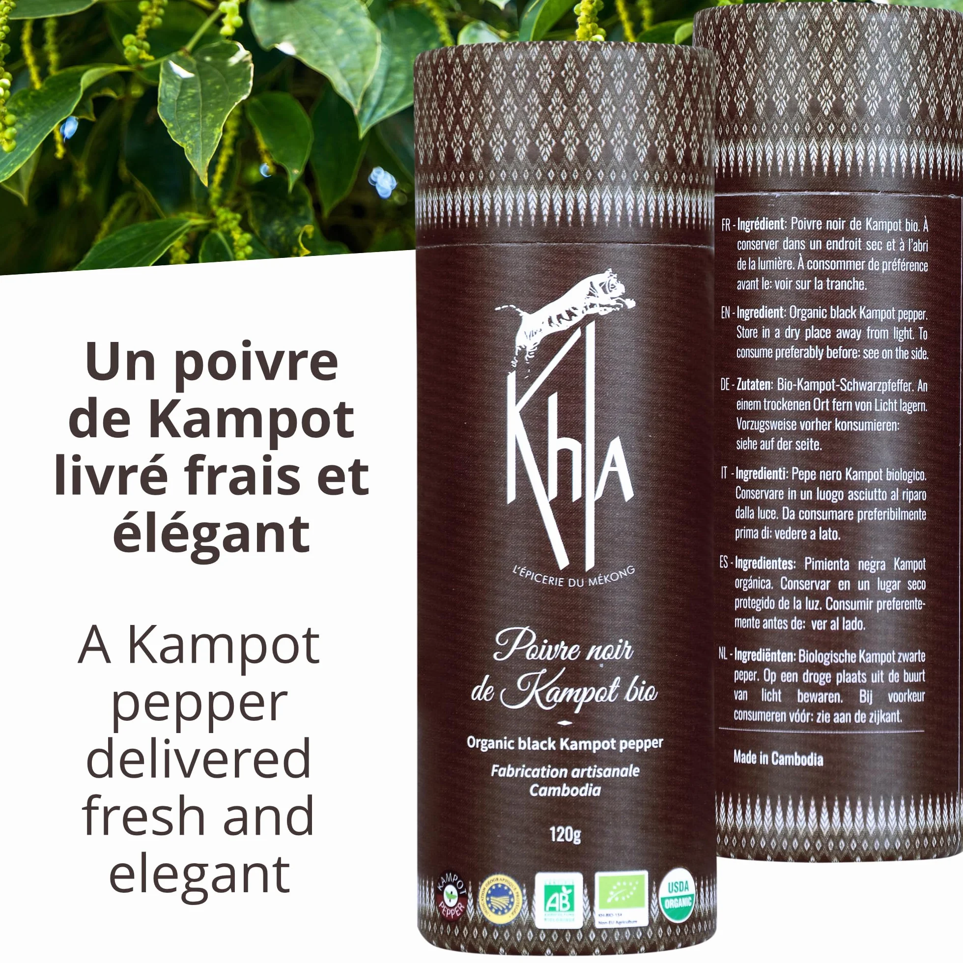 Khla - Kampot pieprz czarny bio 120 g - czarny pieprz całkowicie organiczny - Grand Cru - składnik kuchni - bezpośrednio od producenta - całe ziarna do młynka - z Kambodży
