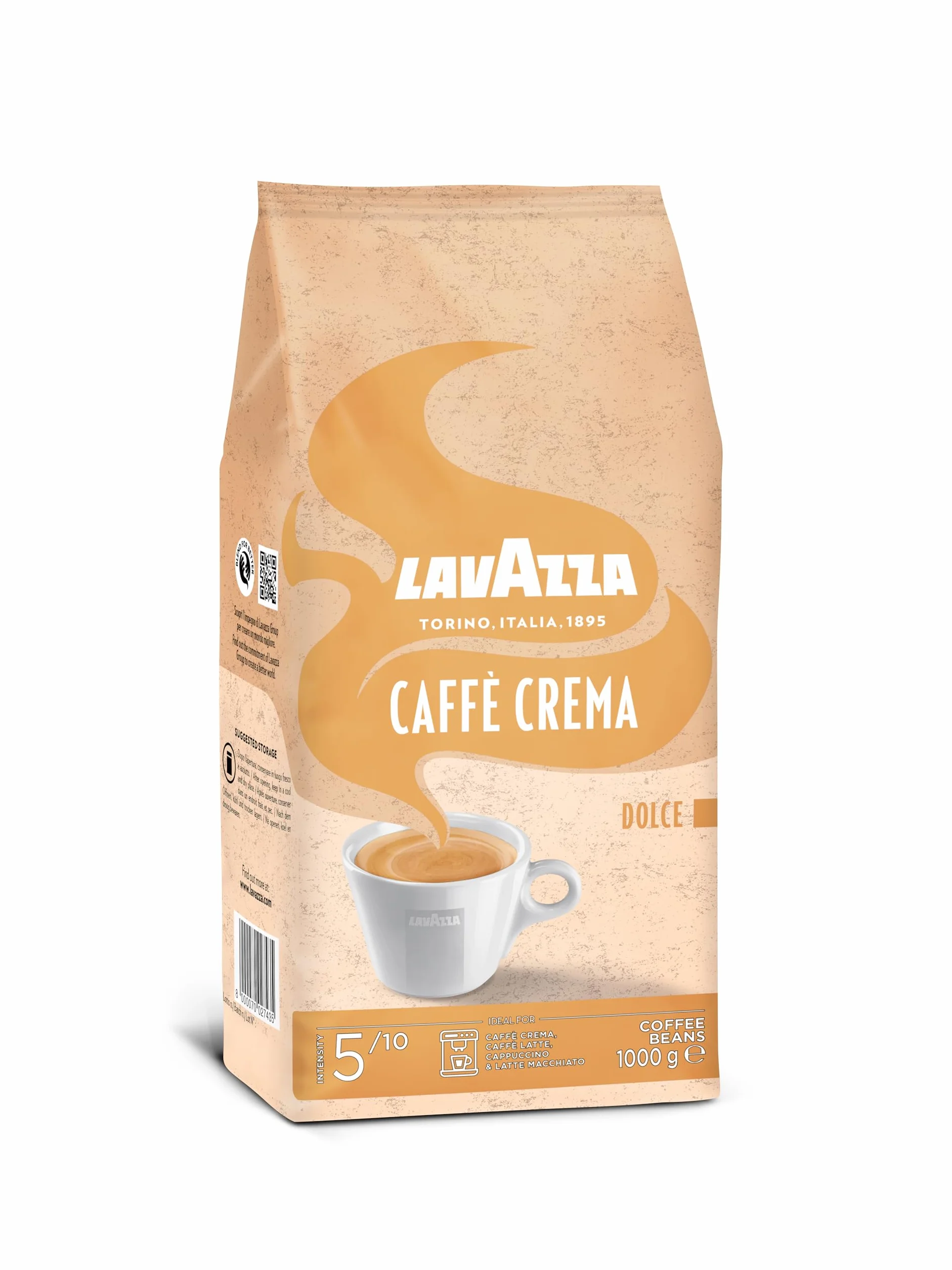 Kawa ziarnista Lavazza Crema Dolce 1kg, 80% Arabika, 20% Robusta, Średnio palona, Średnia zawartość kofeiny