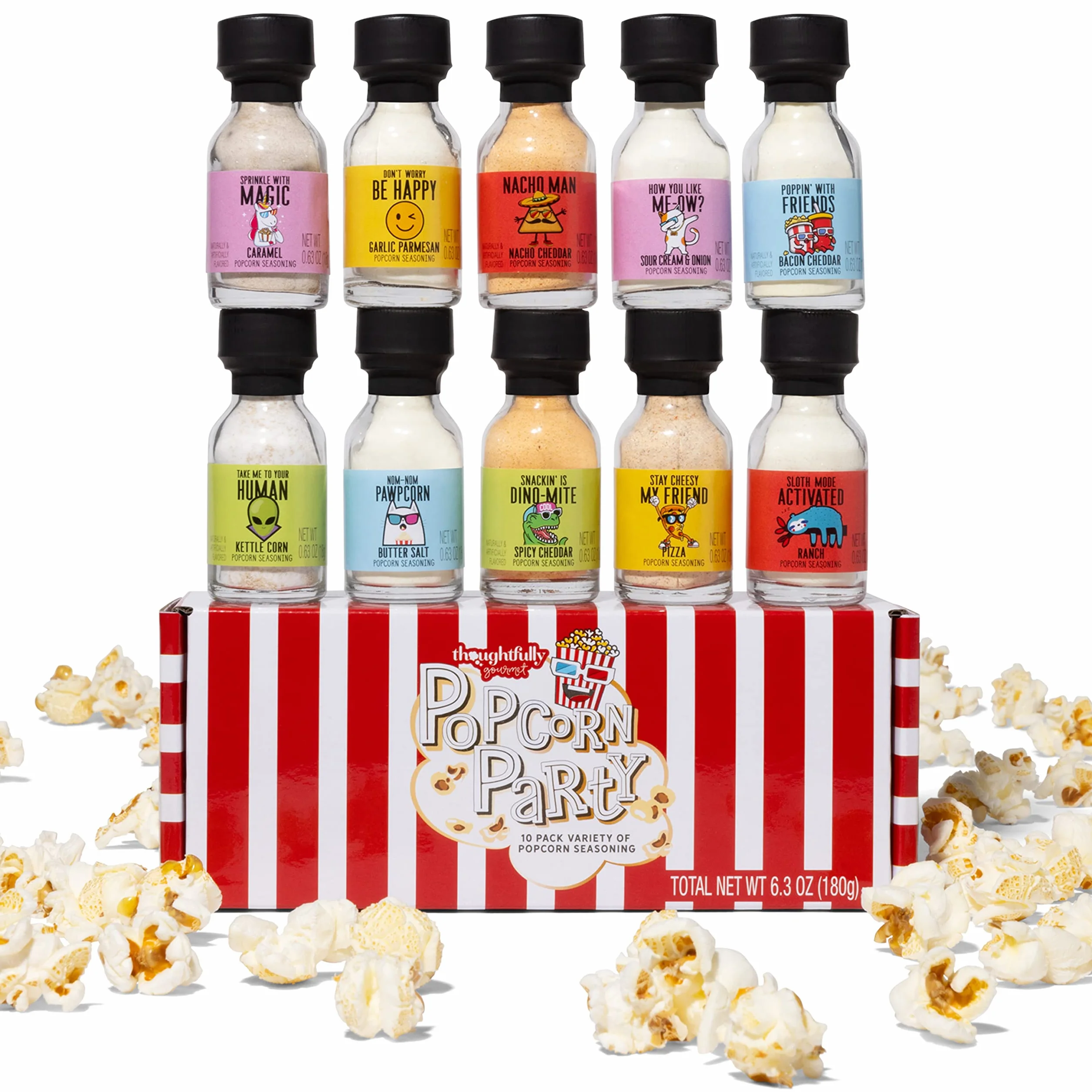 Thoughtfully Gourmet, próbka przypraw na imprezę popcornu, wegetariański zestaw do przypraw popcornu zawiera czajnik, kukurydzę czosnkową, parmezan czosnkowy, cheddar, karmel, popcorn masło i inne, opakowanie 10 sztuk